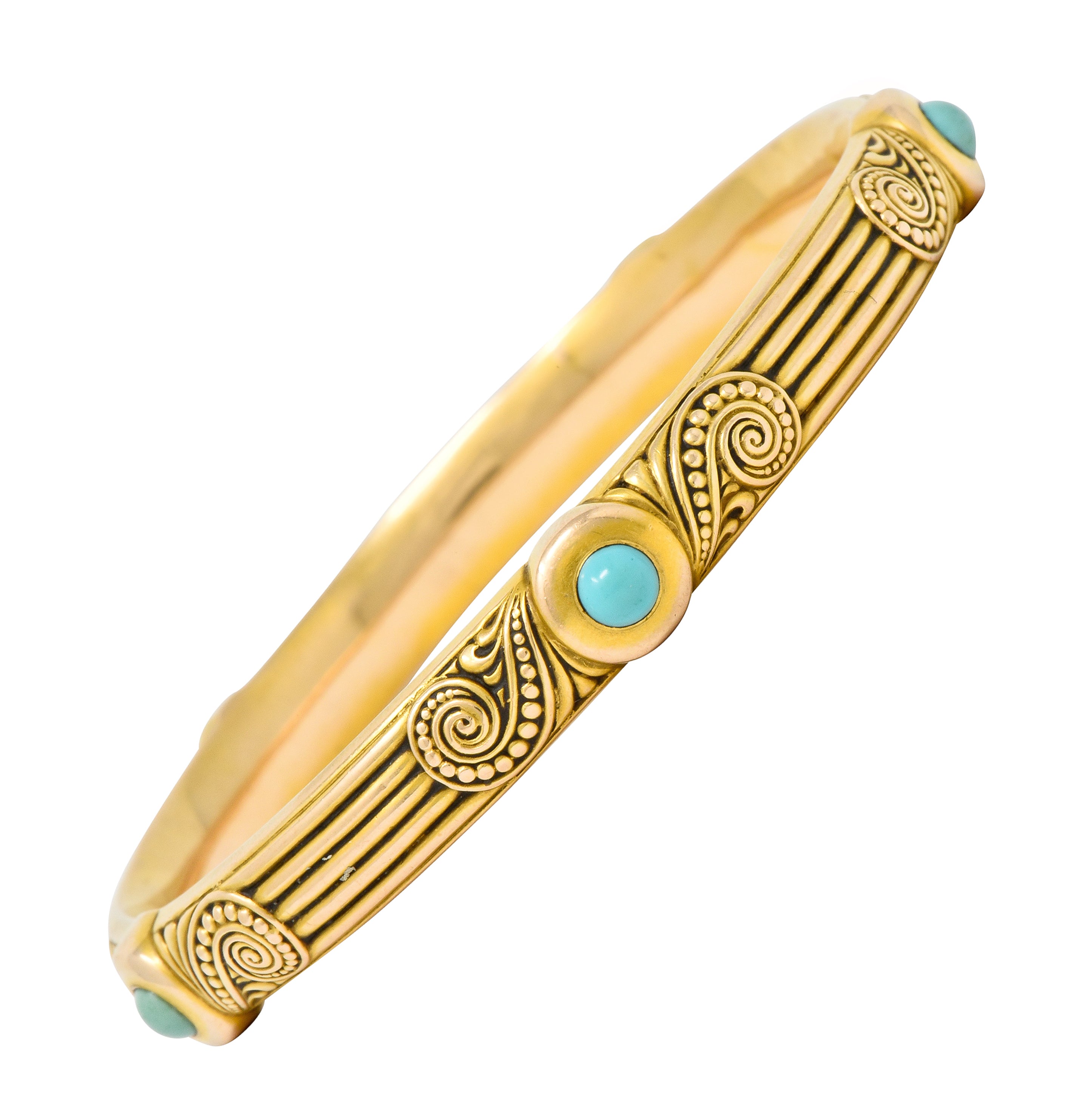 Riker Brothers Art Nouveau Turquoise Cabochon 14 Karat Gold Bangle Bracelet - Wilson's Estate Jewelry