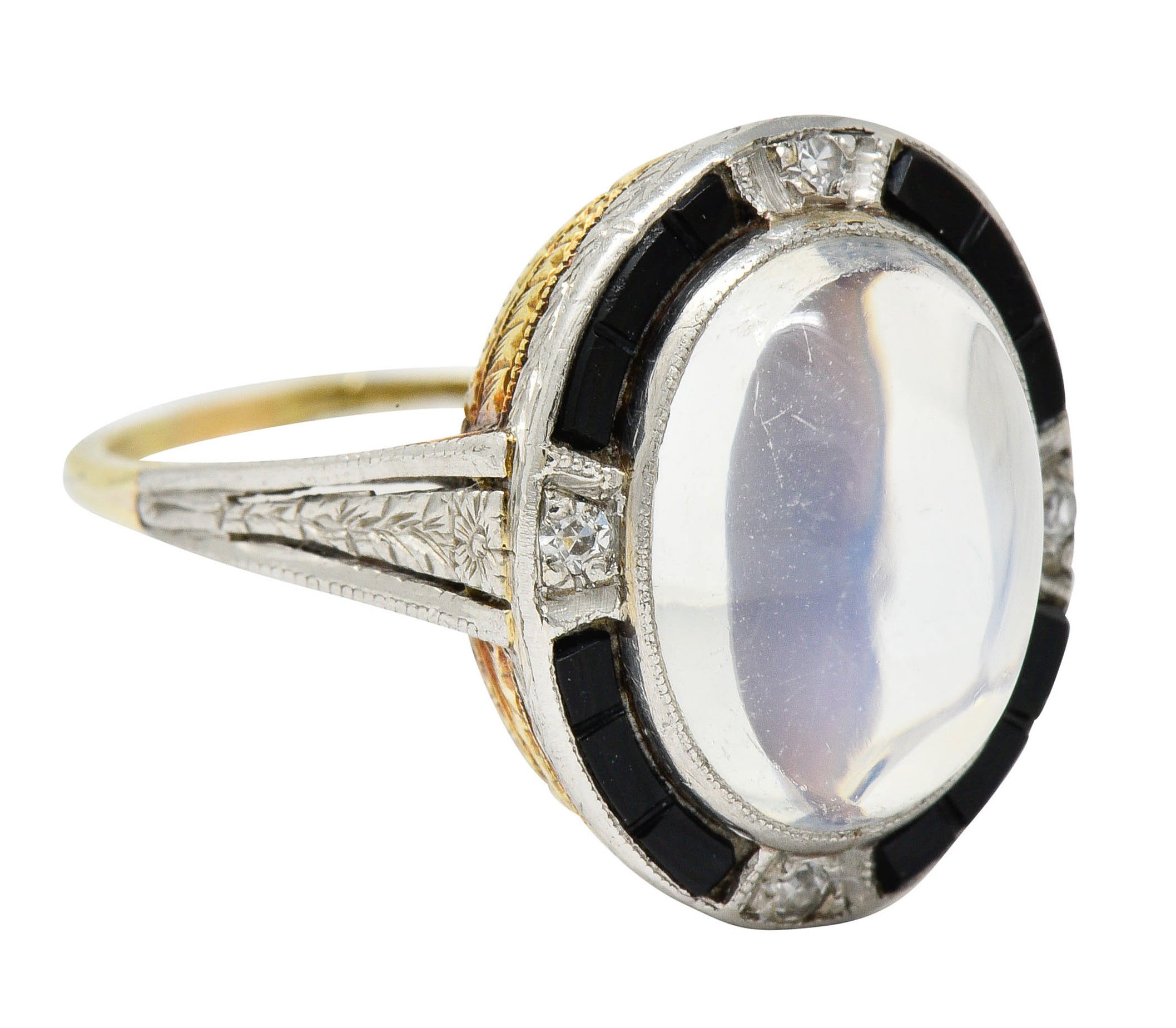 Edwardian Moonstone Onyx Diamond Platinum-Topped 14 Karat Gold RingRing - Wilson's Estate Jewelry