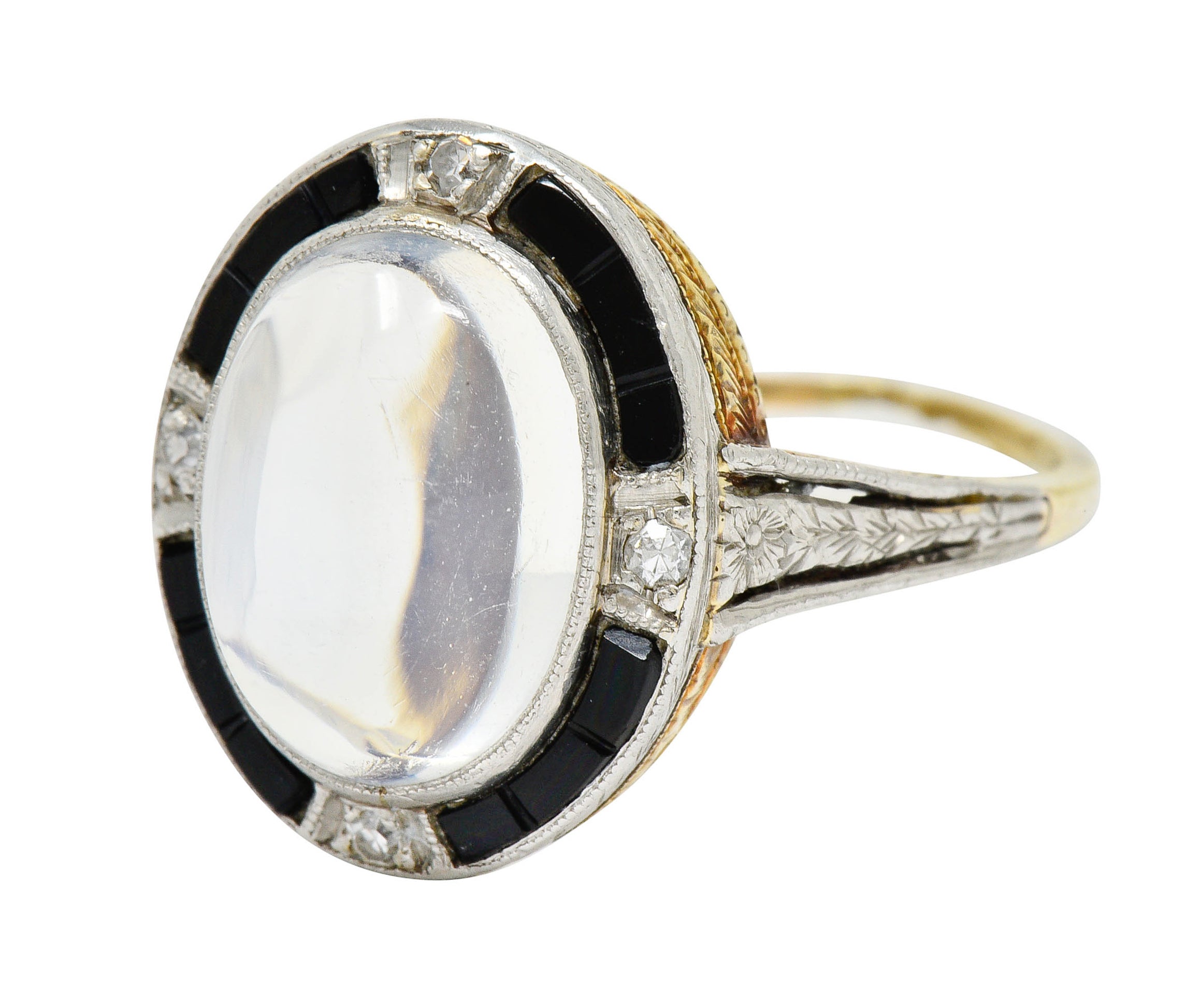 Edwardian Moonstone Onyx Diamond Platinum-Topped 14 Karat Gold RingRing - Wilson's Estate Jewelry