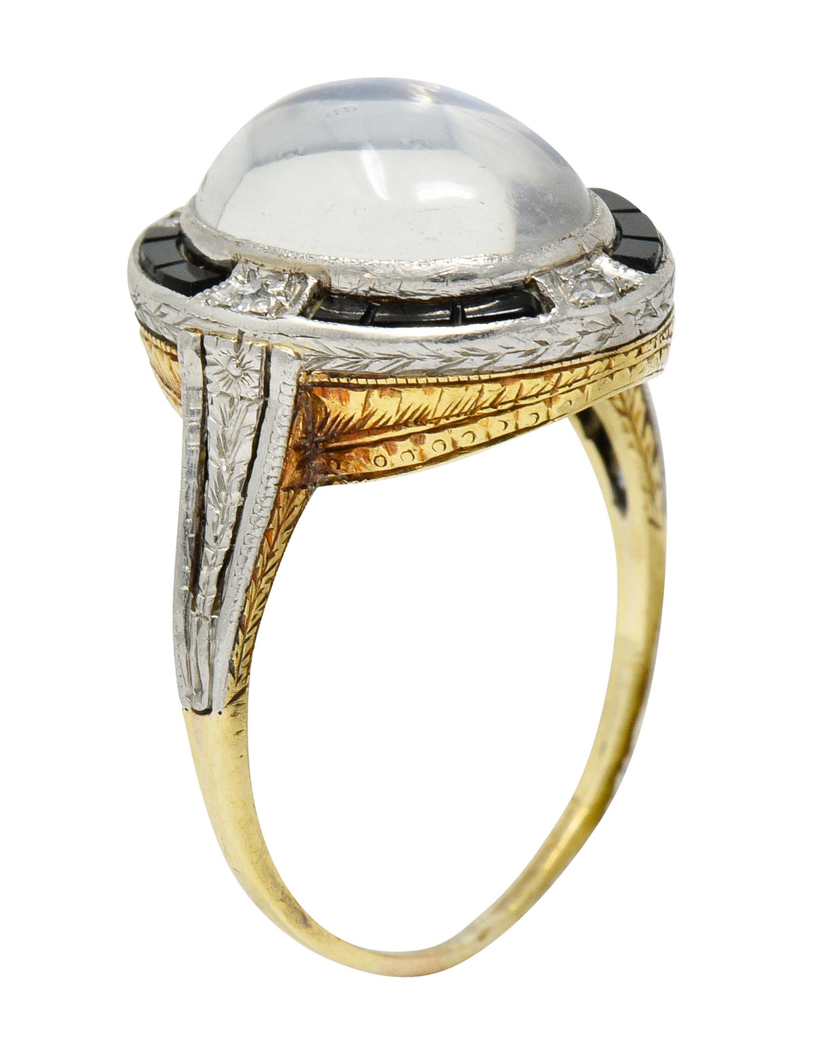 Edwardian Moonstone Onyx Diamond Platinum-Topped 14 Karat Gold RingRing - Wilson's Estate Jewelry