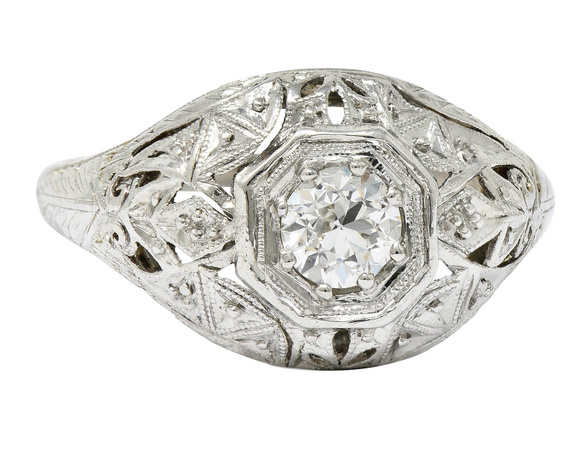 Early Art Deco 0.34 CTW Diamond Platinum-Topped 18 Karat White Gold Foliate Engagement RingRing - Wilson's Estate Jewelry