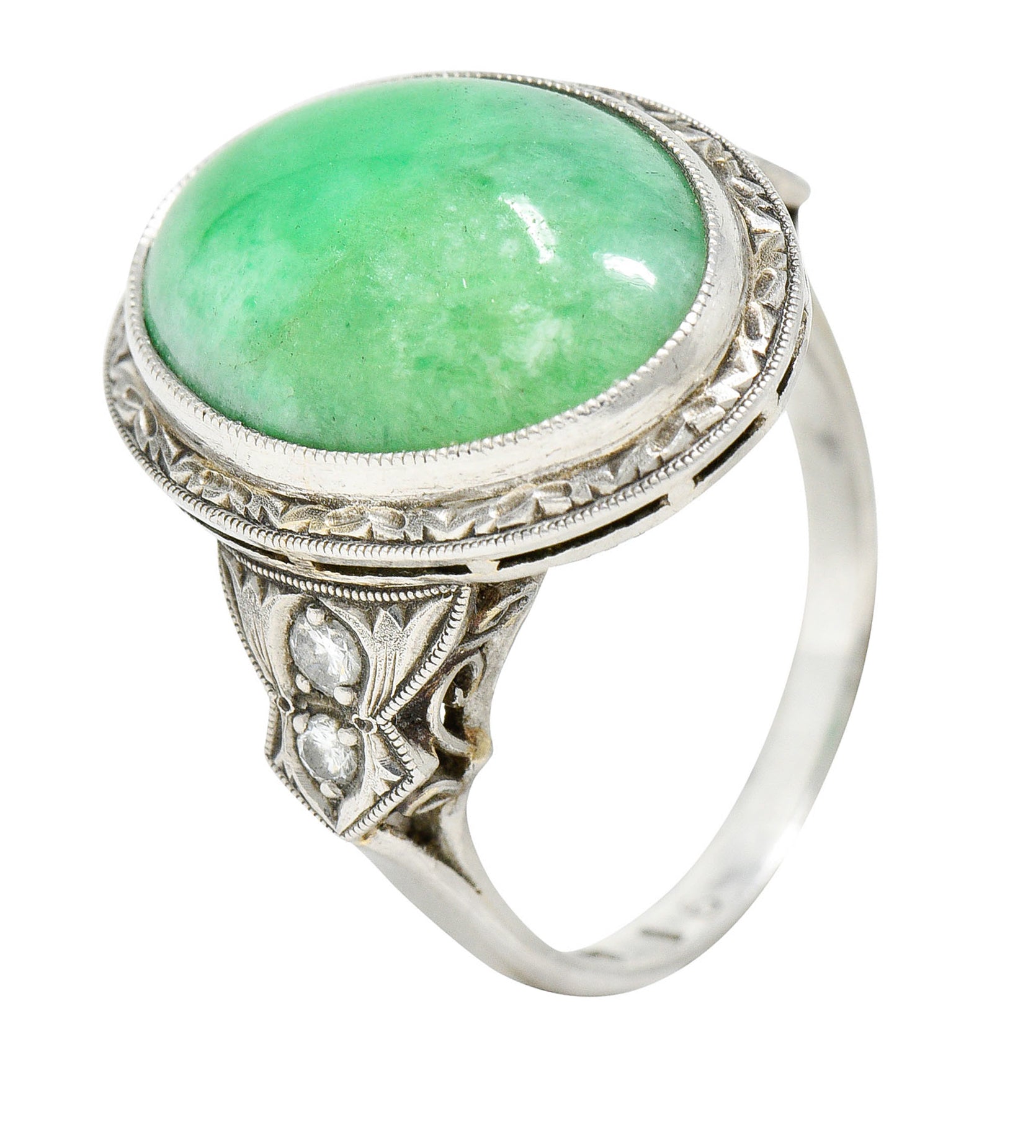 Art Deco Jade Diamond Platinum Cabochon RingRing - Wilson's Estate Jewelry