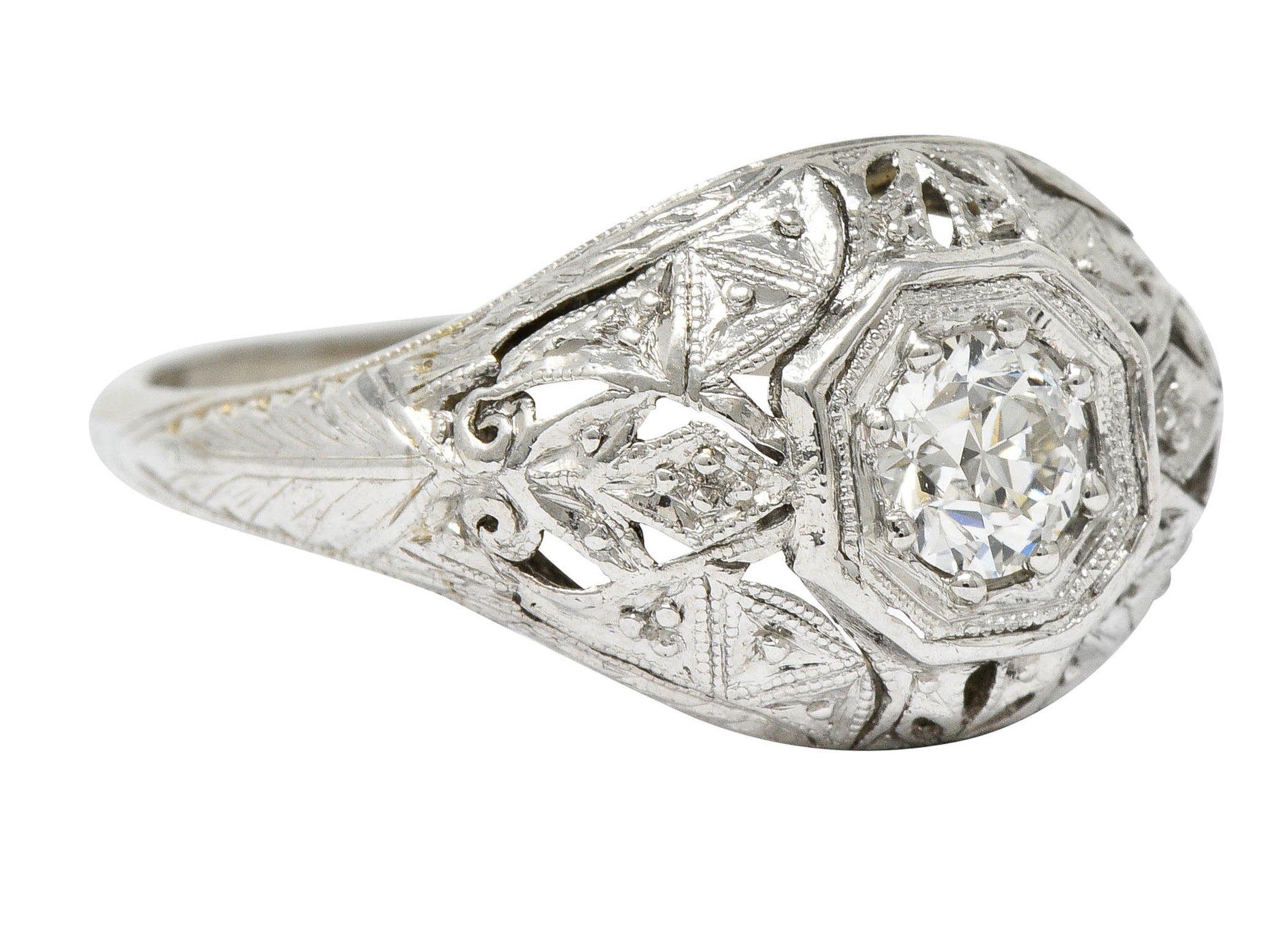 Early Art Deco 0.34 CTW Diamond Platinum-Topped 18 Karat White Gold Foliate Engagement RingRing - Wilson's Estate Jewelry