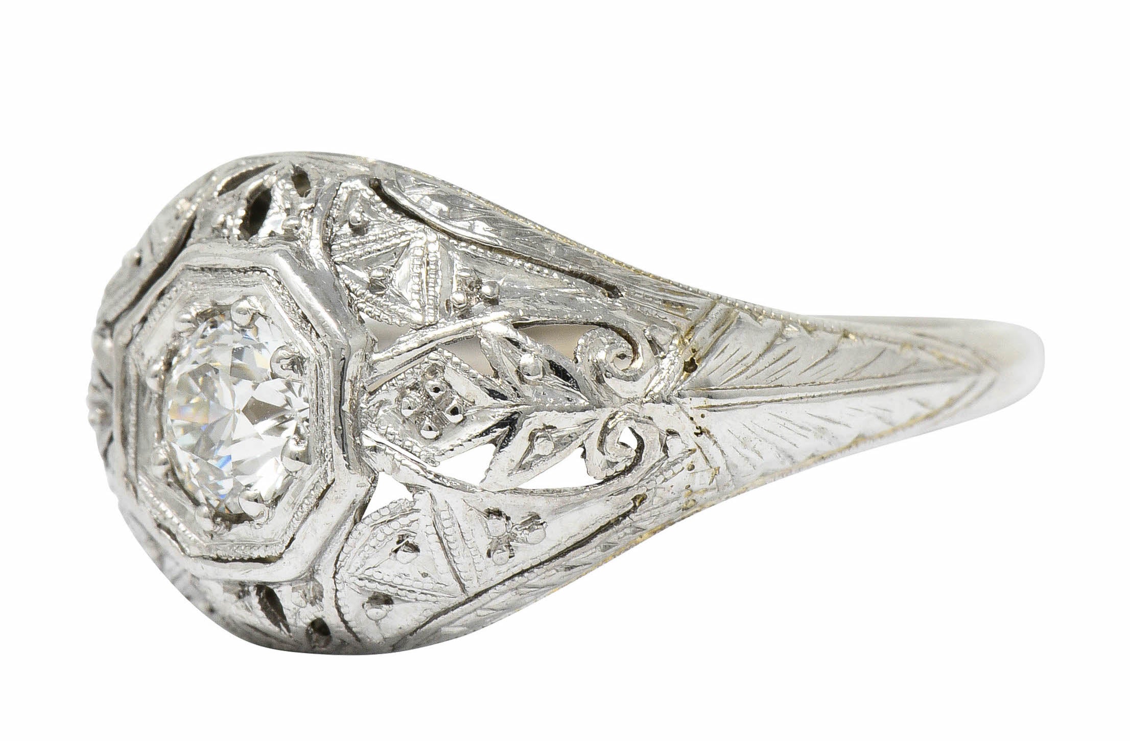 Early Art Deco 0.34 CTW Diamond Platinum-Topped 18 Karat White Gold Foliate Engagement RingRing - Wilson's Estate Jewelry