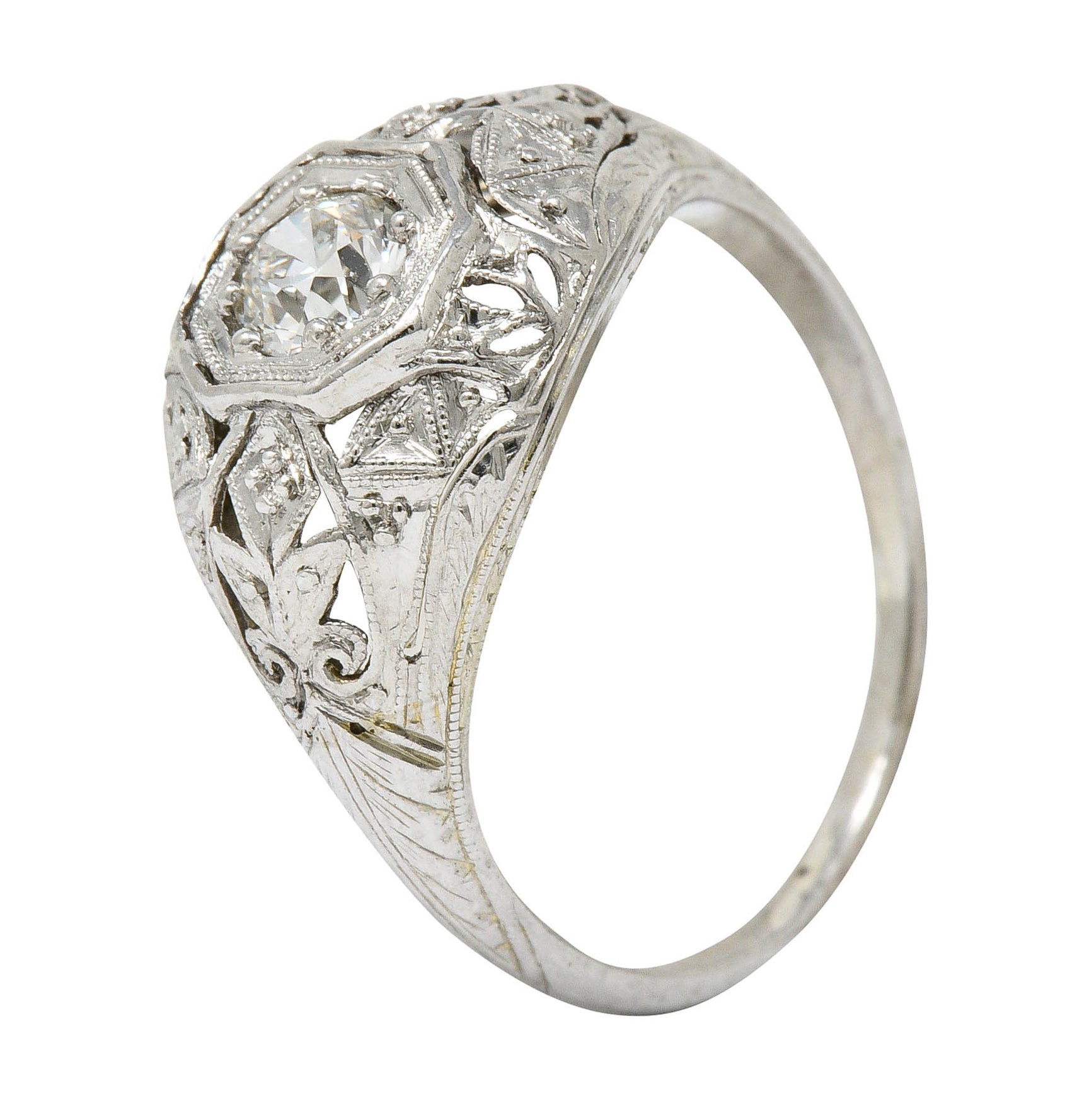 Early Art Deco 0.34 CTW Diamond Platinum-Topped 18 Karat White Gold Foliate Engagement RingRing - Wilson's Estate Jewelry