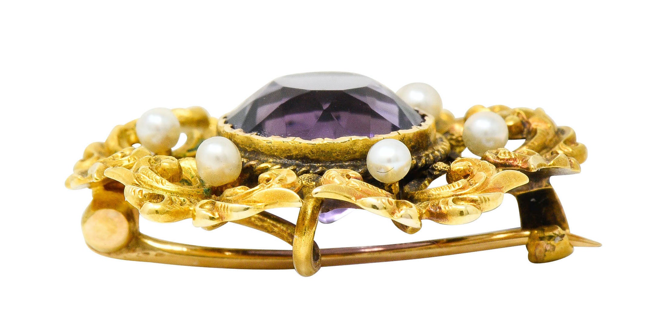 Art Nouveau Amethyst Pearl 14 Karat Gold Watch Pin BroochBrooch - Wilson's Estate Jewelry