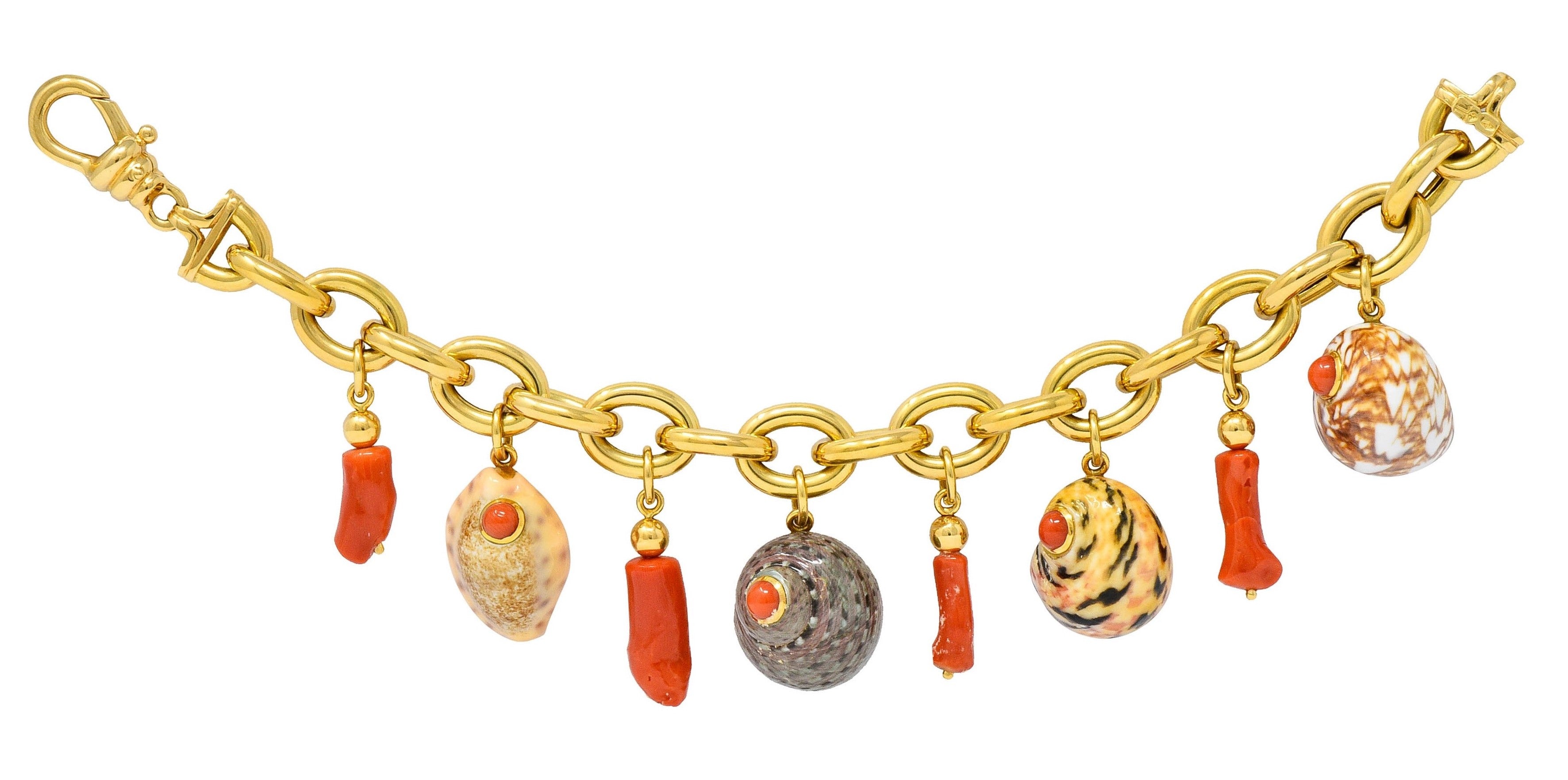 Trianon Vintage Coral Enamel 18 Karat Gold Seashell Charm Braceletbracelet - Wilson's Estate Jewelry