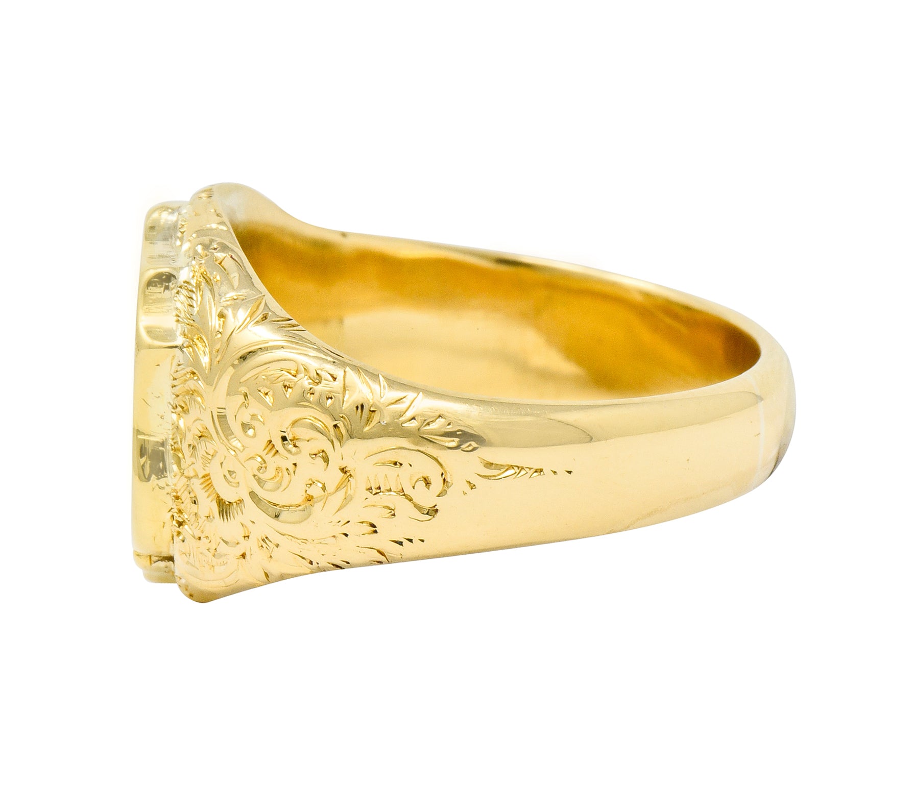 Victorian 18 Karat Yellow Gold Unisex Floral Shield Unisex Signet Ring - Wilson's Estate Jewelry