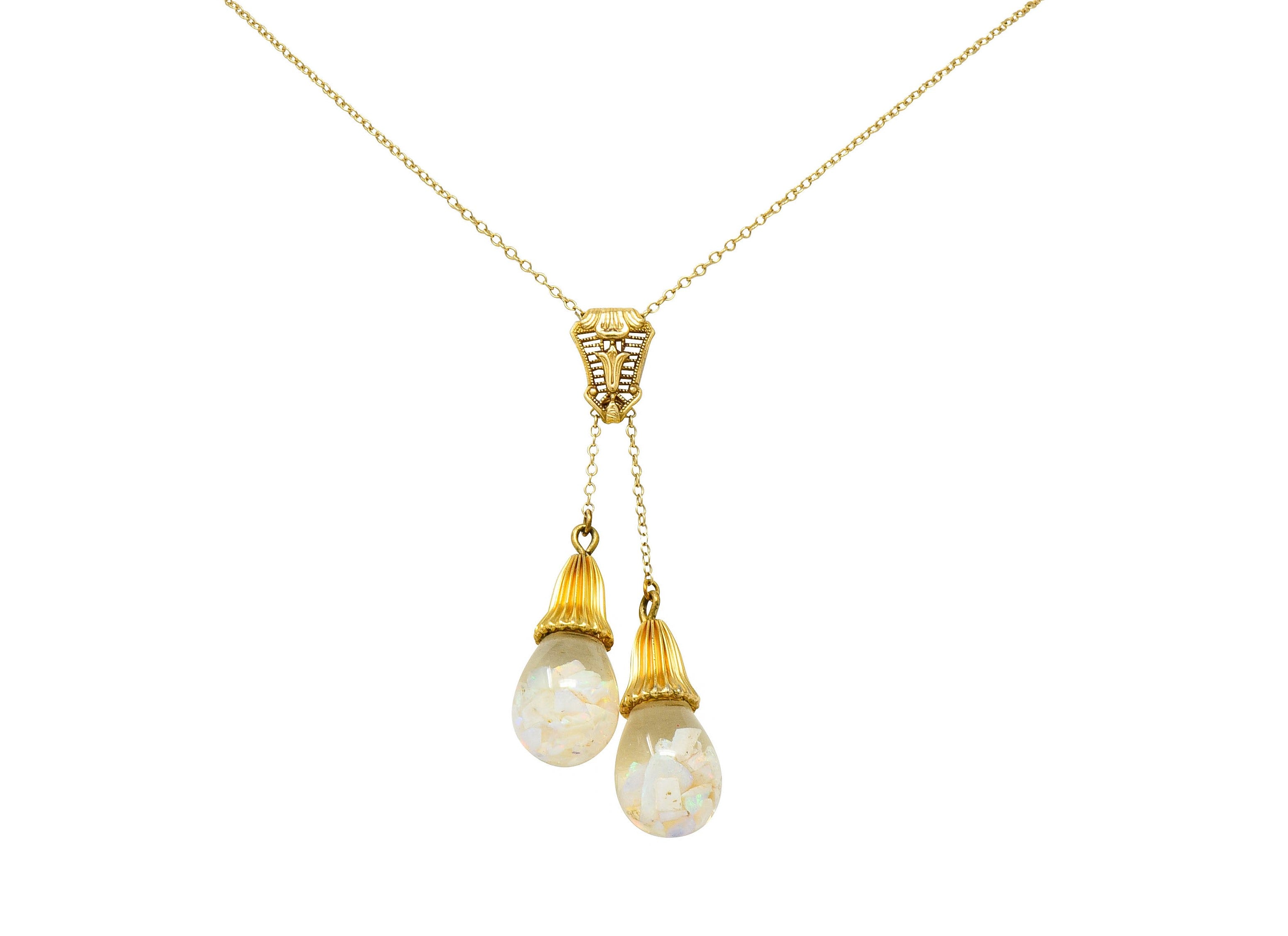 Art Deco Floating Opal 14 Karat Gold Double Drop NecklaceNecklace - Wilson's Estate Jewelry