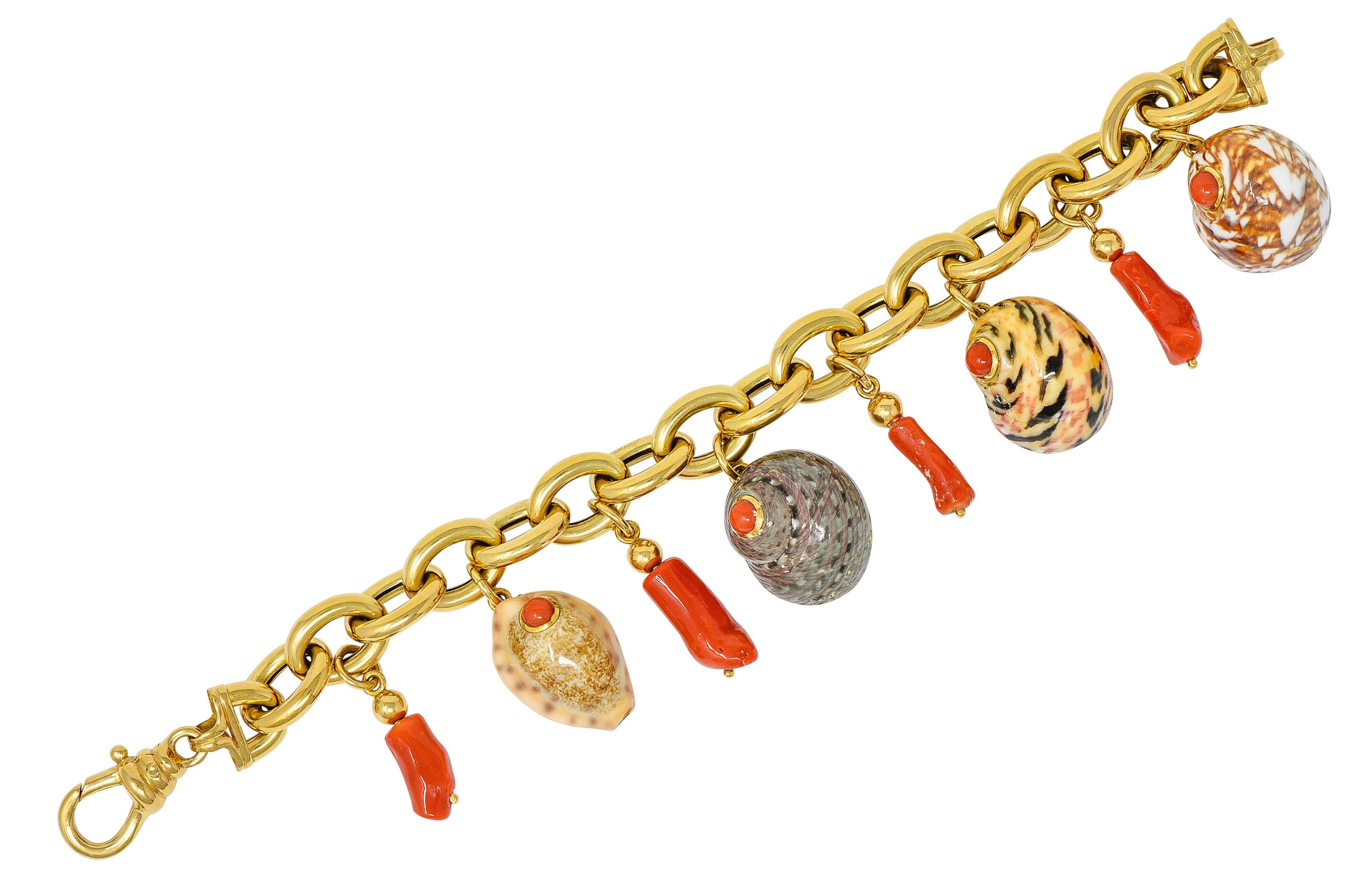 Trianon Vintage Coral Enamel 18 Karat Gold Seashell Charm Braceletbracelet - Wilson's Estate Jewelry