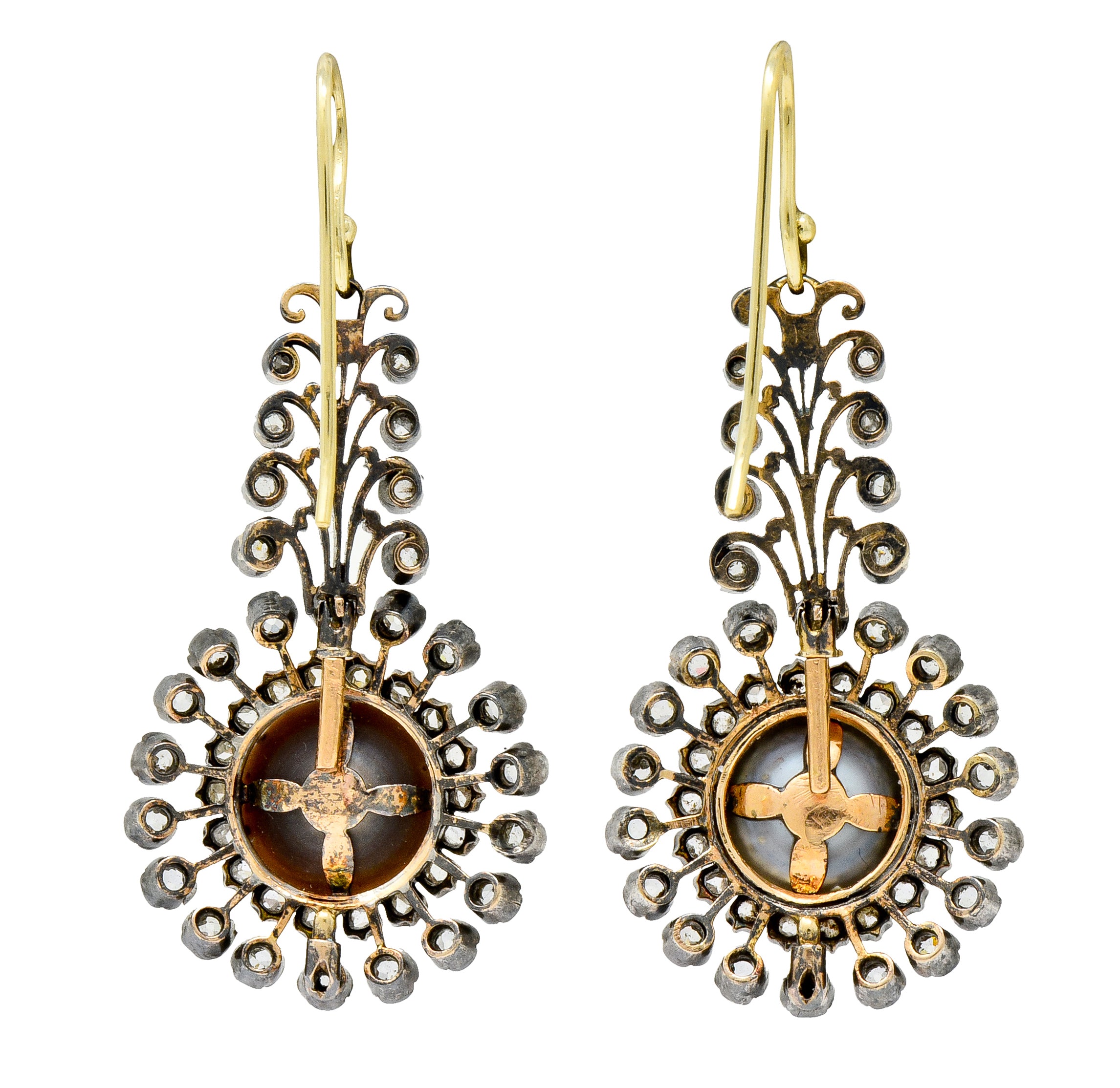 Victorian Diamond Natural Saltwater Pearl Silver-Topped Gold Foliate Drop Earrings GIA - Wilson's Estate Jewelry