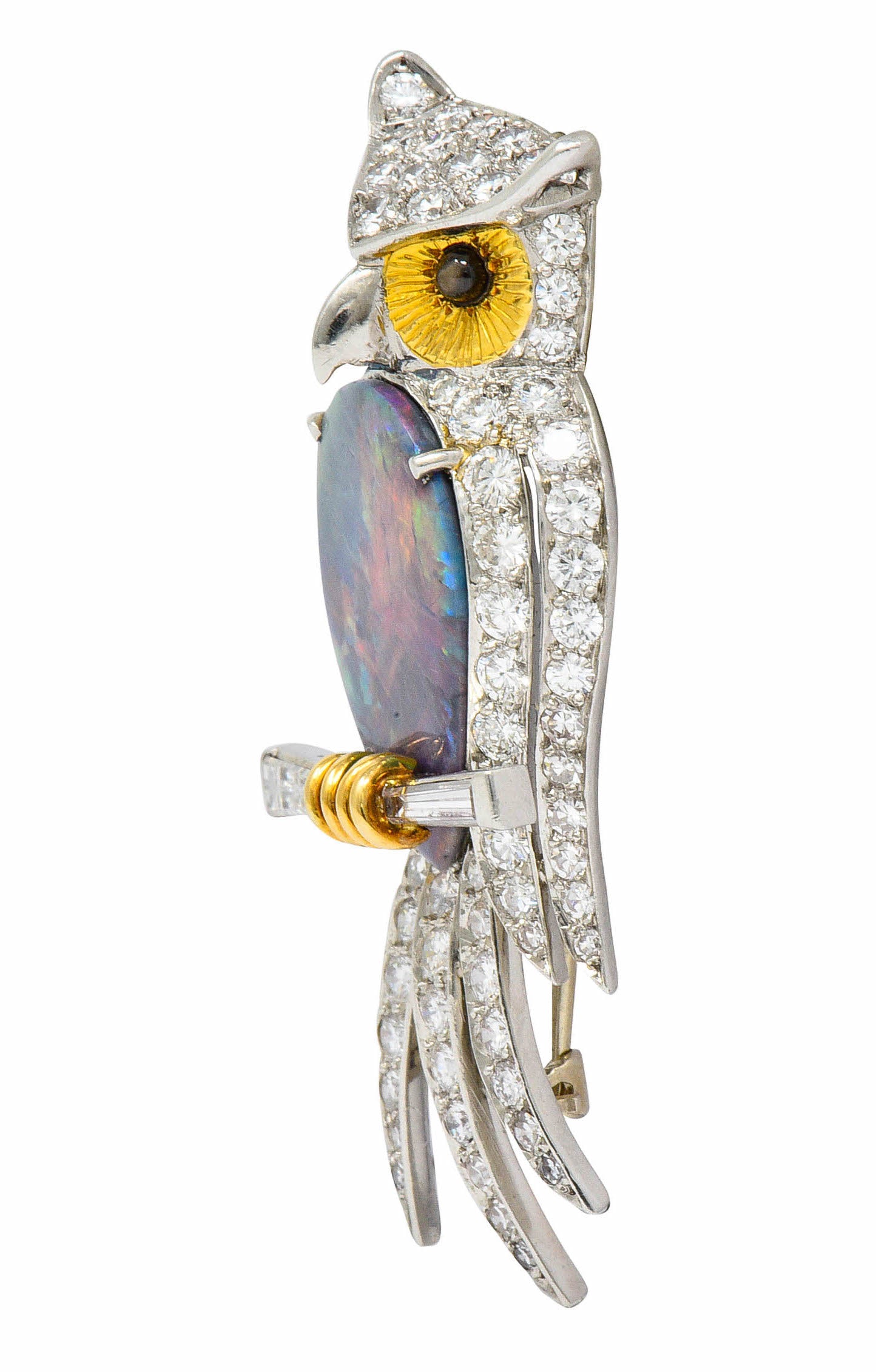 Vintage Black Opal Diamond Platinum 18 Karat Gold Owl BroochBrooch - Wilson's Estate Jewelry