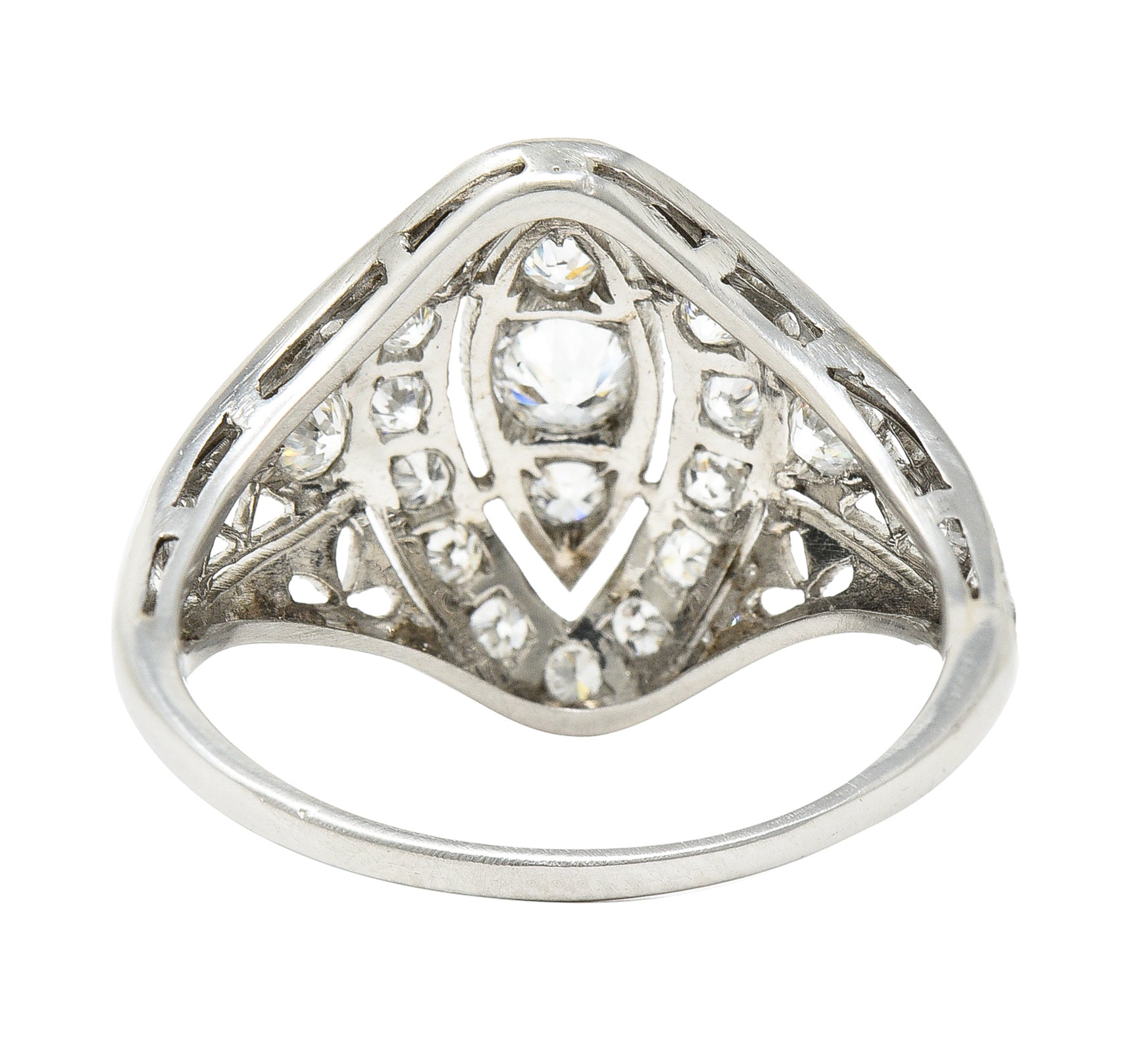 Art Deco 0.72 CTW Old European Cut Diamond Platinum Foliate Filigree Navette Dinner Ring Wilson's Estate Jewelry