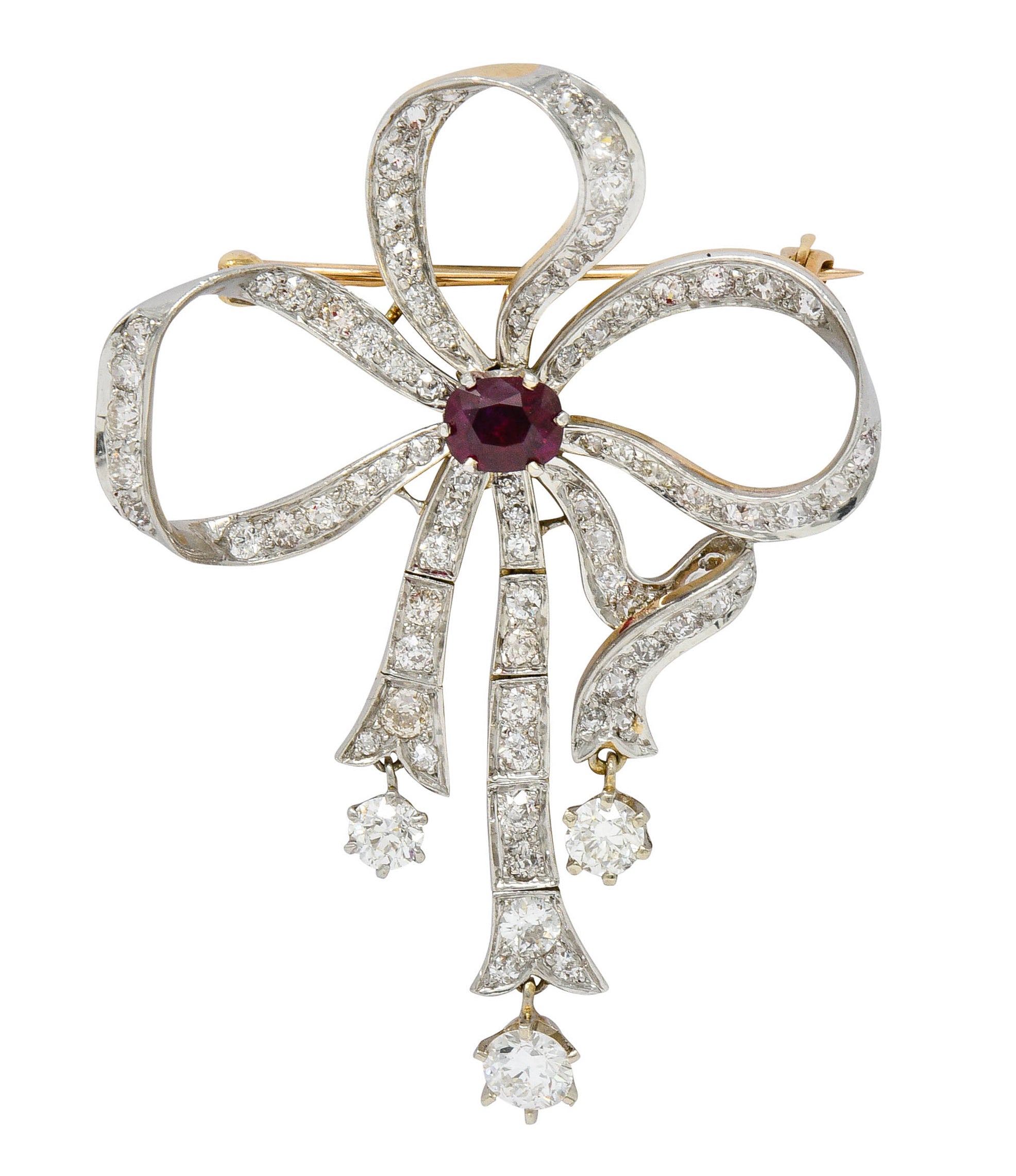 Edwardian 5.48 CTW Ruby Diamond Platinum-Topped 14 Karat Gold Bow BroochBrooch - Wilson's Estate Jewelry