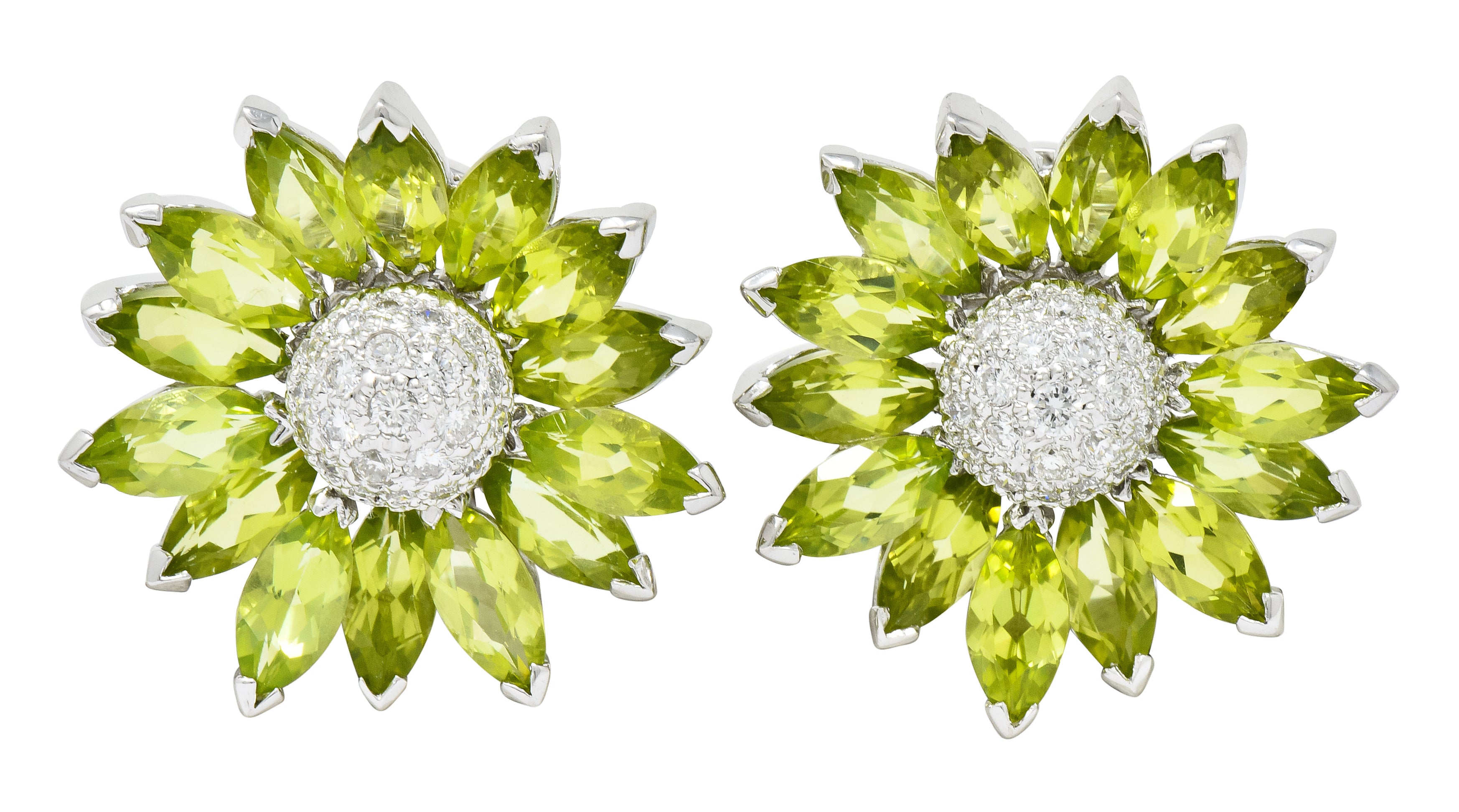 1990's Contemporary Diamond Peridot 18 Karat White Gold Radiating Floral Earrings - Wilson's Estate Jewelry