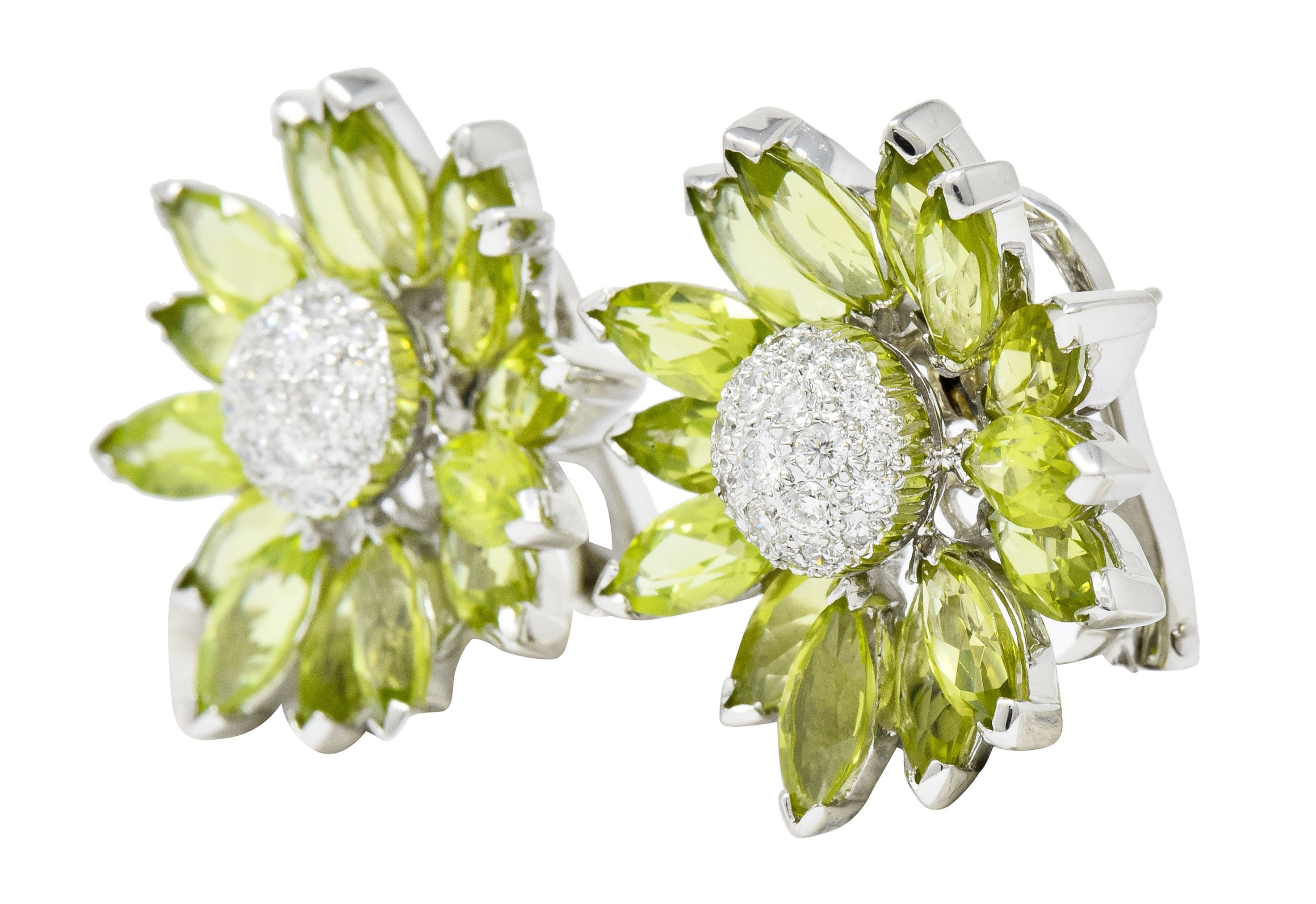 1990's Contemporary Diamond Peridot 18 Karat White Gold Radiating Floral Earrings - Wilson's Estate Jewelry