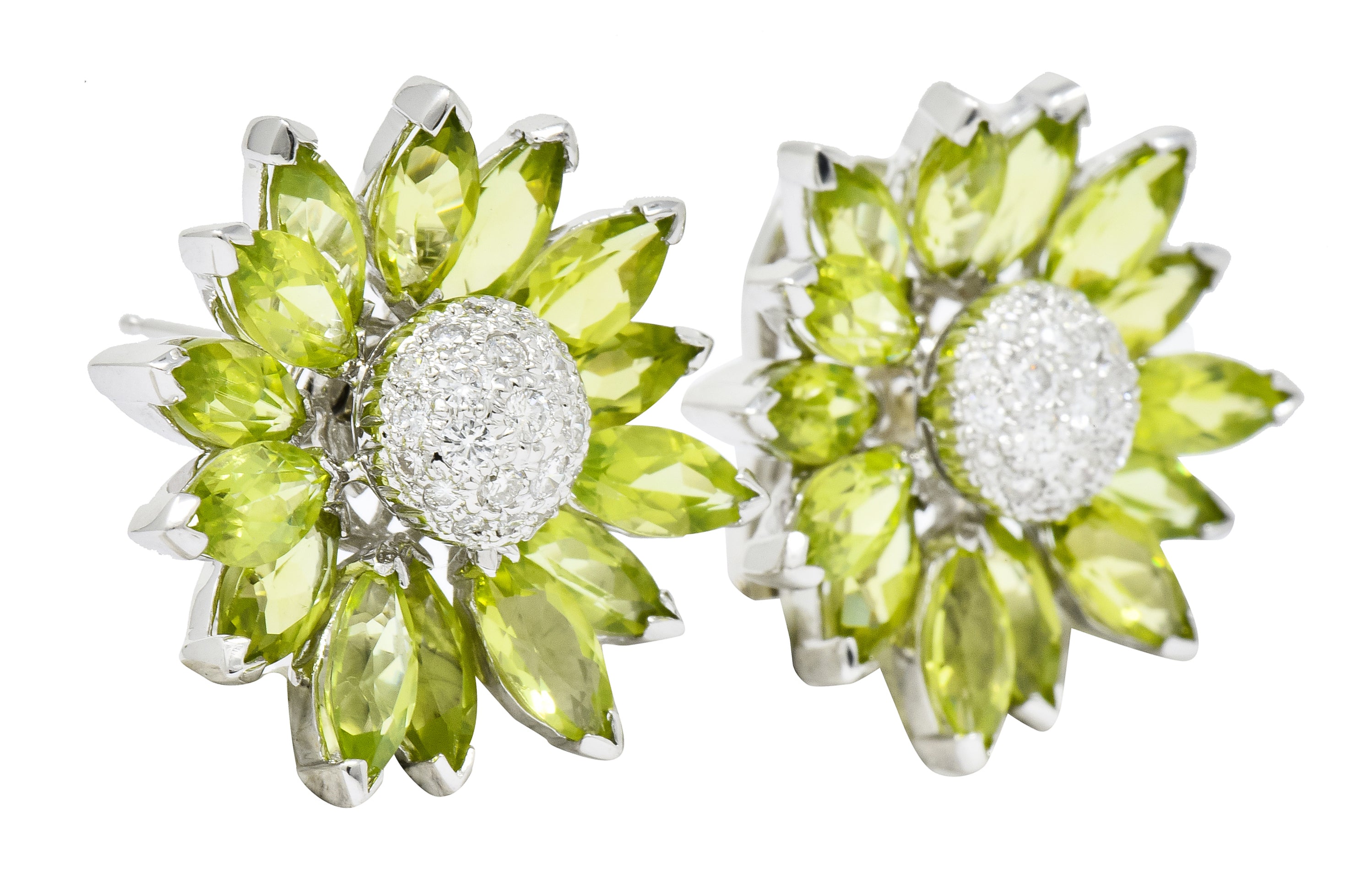 1990's Contemporary Diamond Peridot 18 Karat White Gold Radiating Floral Earrings - Wilson's Estate Jewelry