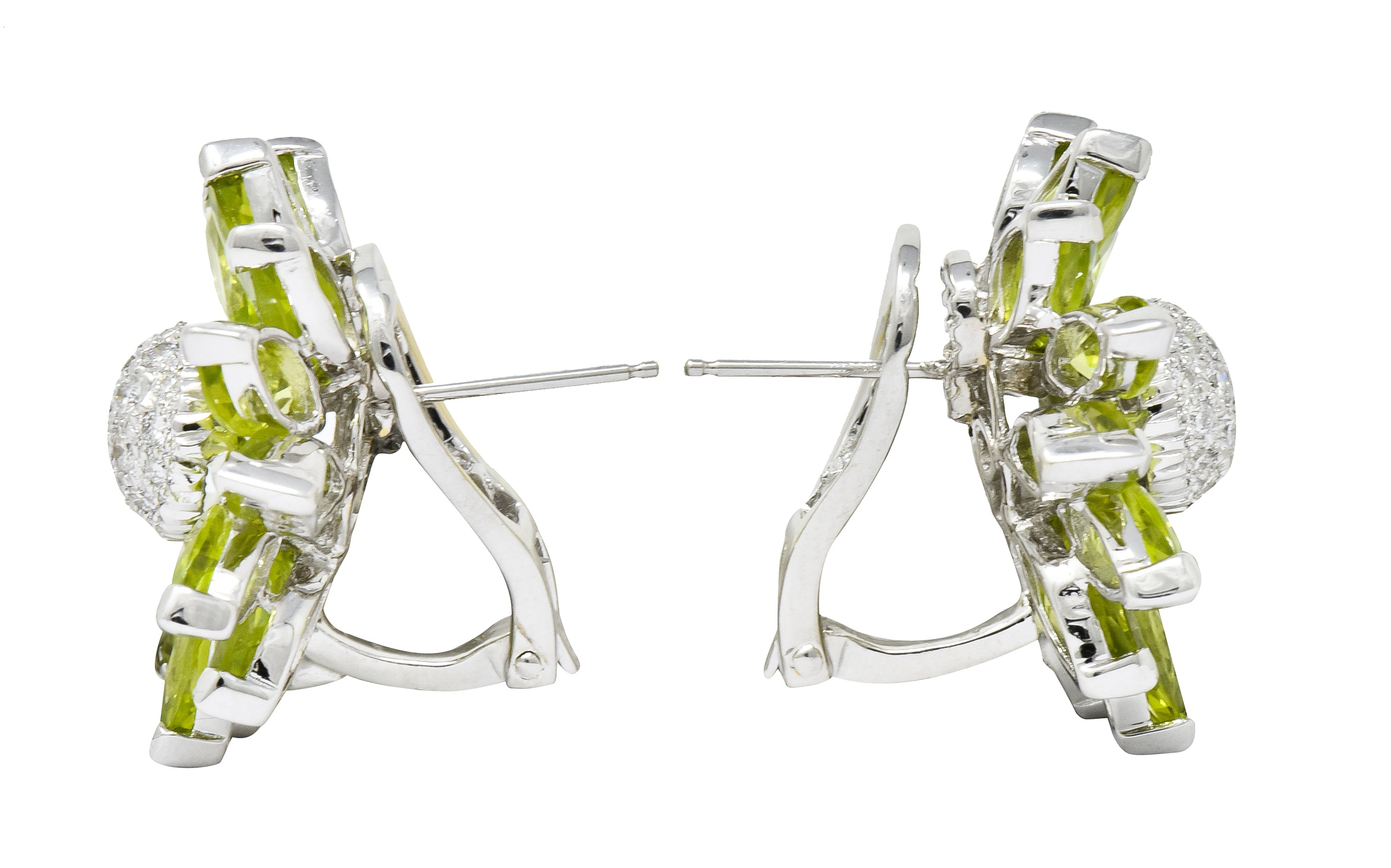 1990's Contemporary Diamond Peridot 18 Karat White Gold Radiating Floral Earrings - Wilson's Estate Jewelry