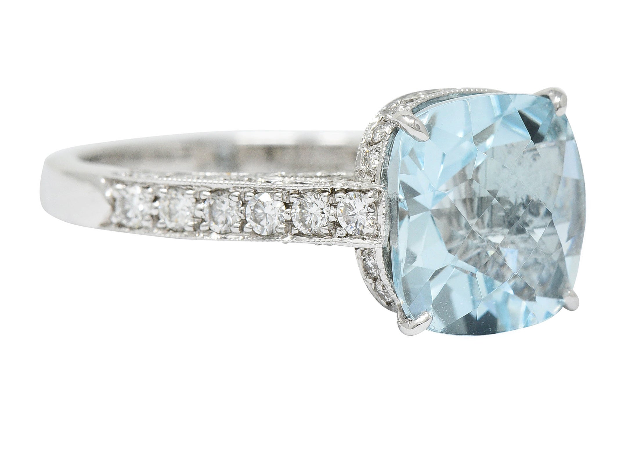 Checkerboard Cushion Cut 5.95 CTW Aquamarine Diamond Platinum Cocktail RingRing - Wilson's Estate Jewelry