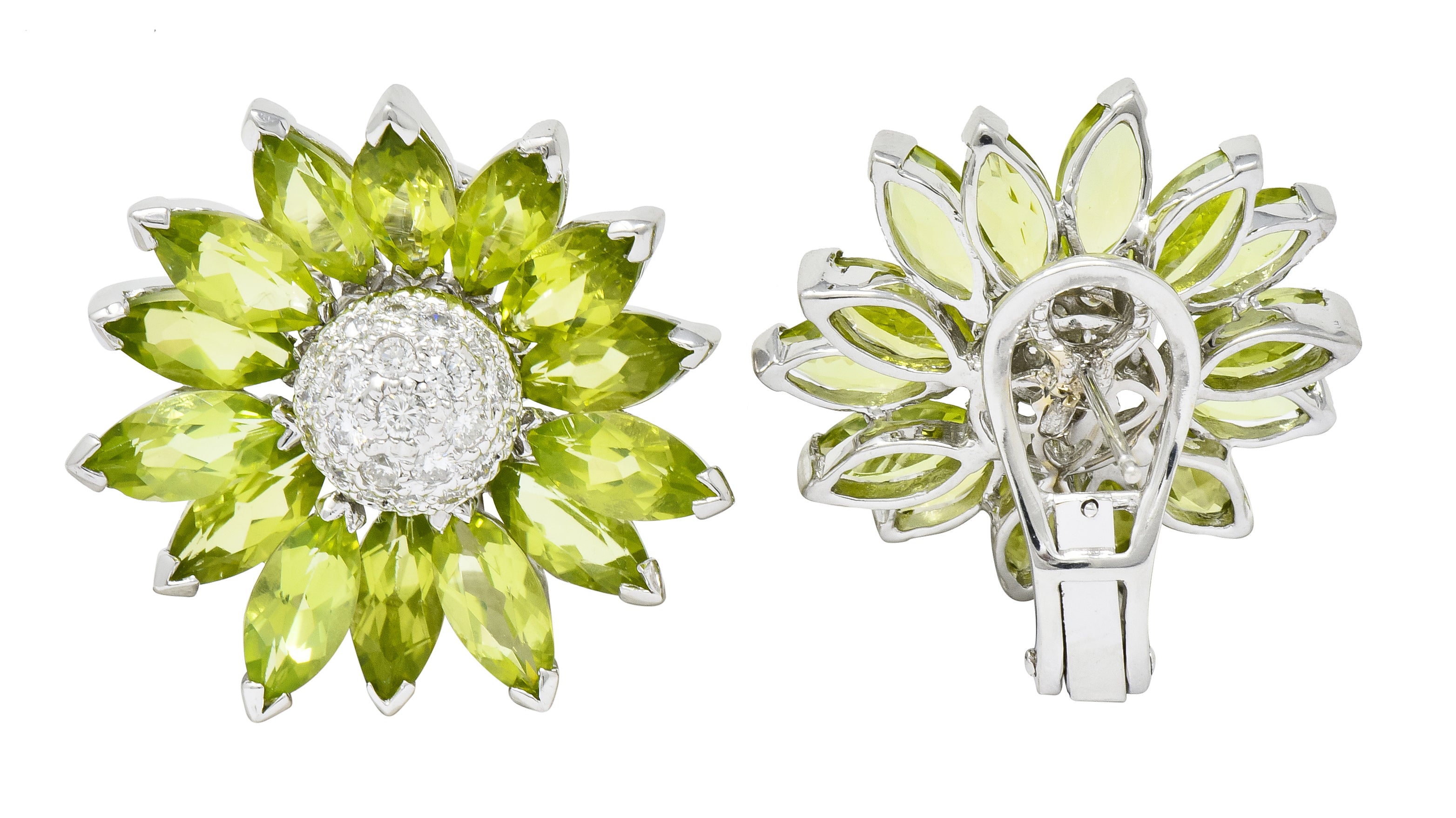 1990's Contemporary Diamond Peridot 18 Karat White Gold Radiating Floral Earrings - Wilson's Estate Jewelry