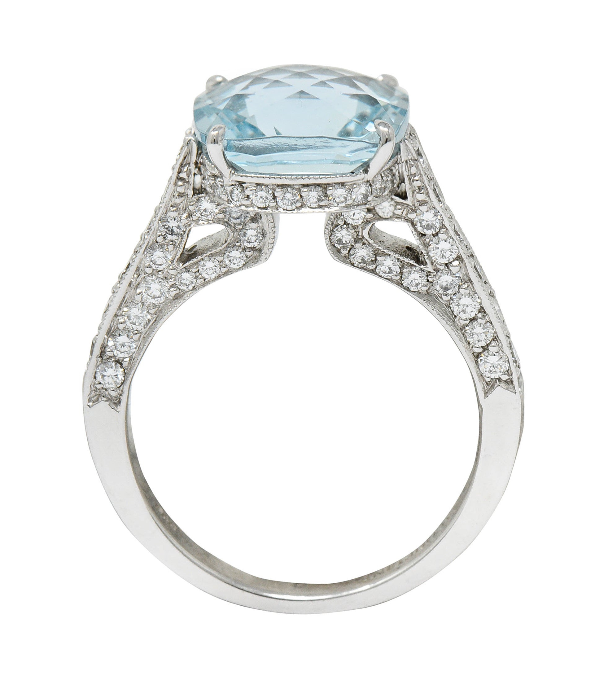 Checkerboard Cushion Cut 5.95 CTW Aquamarine Diamond Platinum Cocktail RingRing - Wilson's Estate Jewelry