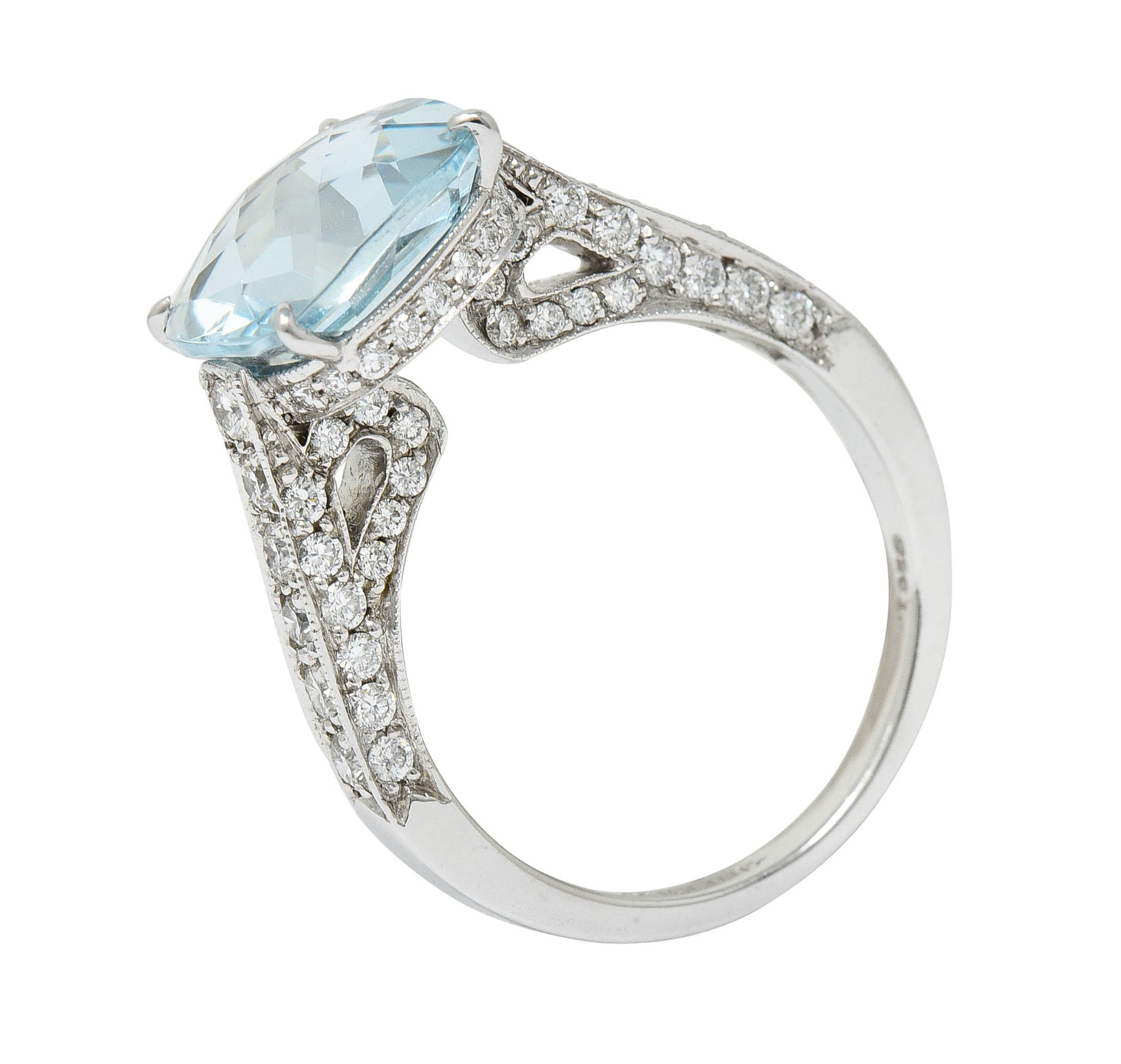 Checkerboard Cushion Cut 5.95 CTW Aquamarine Diamond Platinum Cocktail RingRing - Wilson's Estate Jewelry