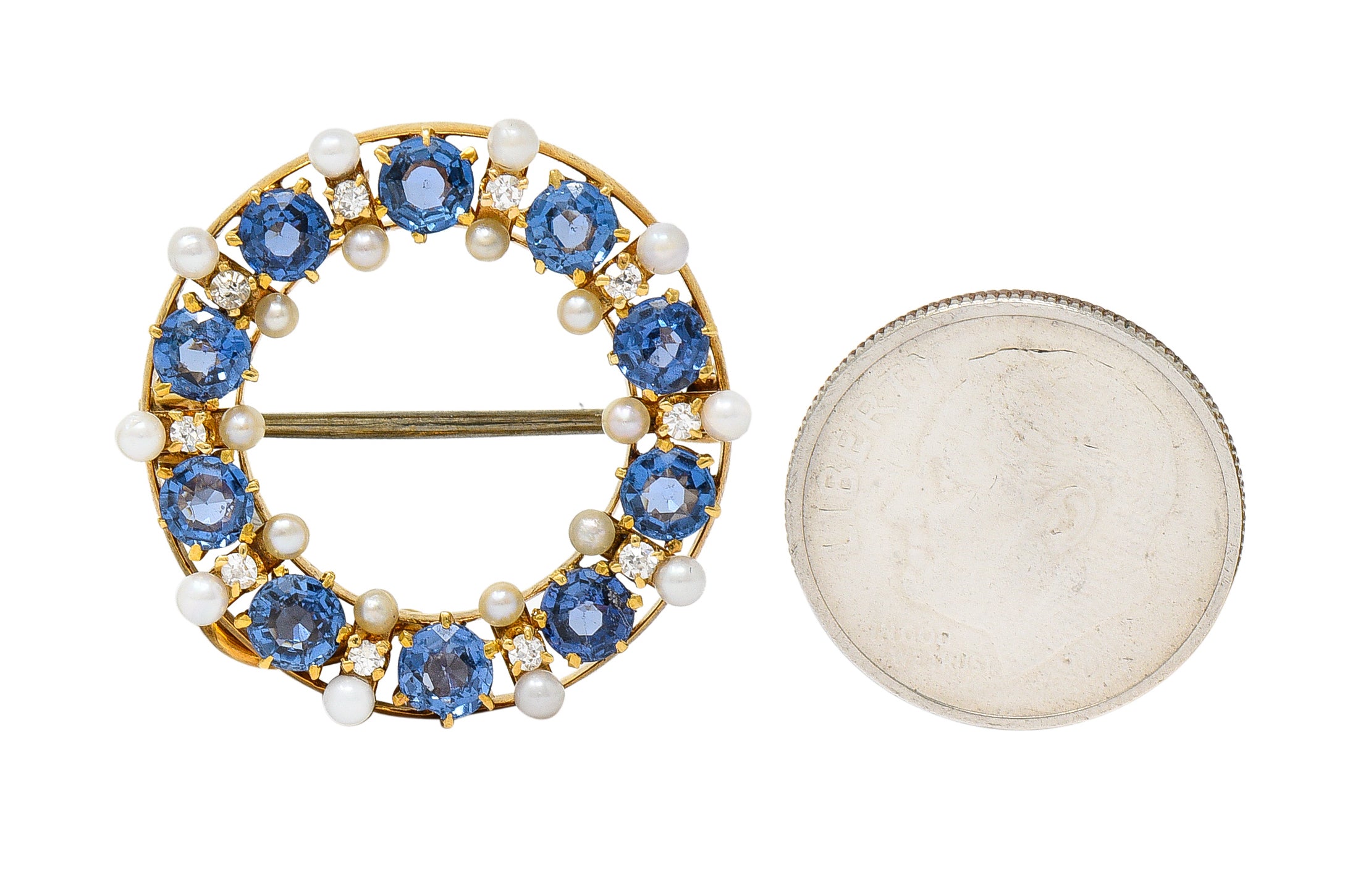 Antique A.J. Hedges 2.48 CTW Sapphire Diamond Pearl 14 Karat Yellow Gold Circle Brooch Wilson's Estate Jewelry