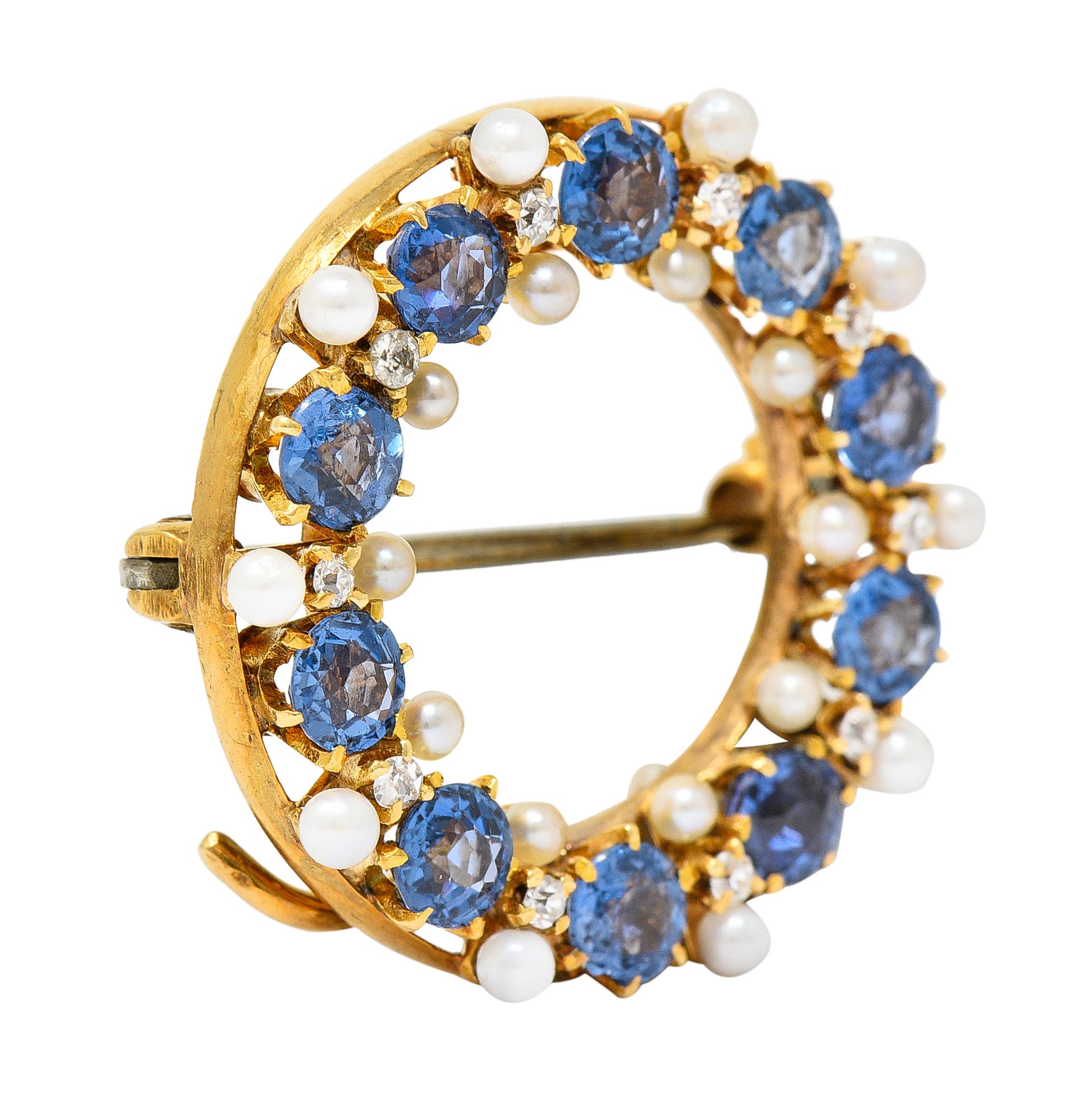 Antique A.J. Hedges 2.48 CTW Sapphire Diamond Pearl 14 Karat Yellow Gold Circle Brooch Wilson's Estate Jewelry