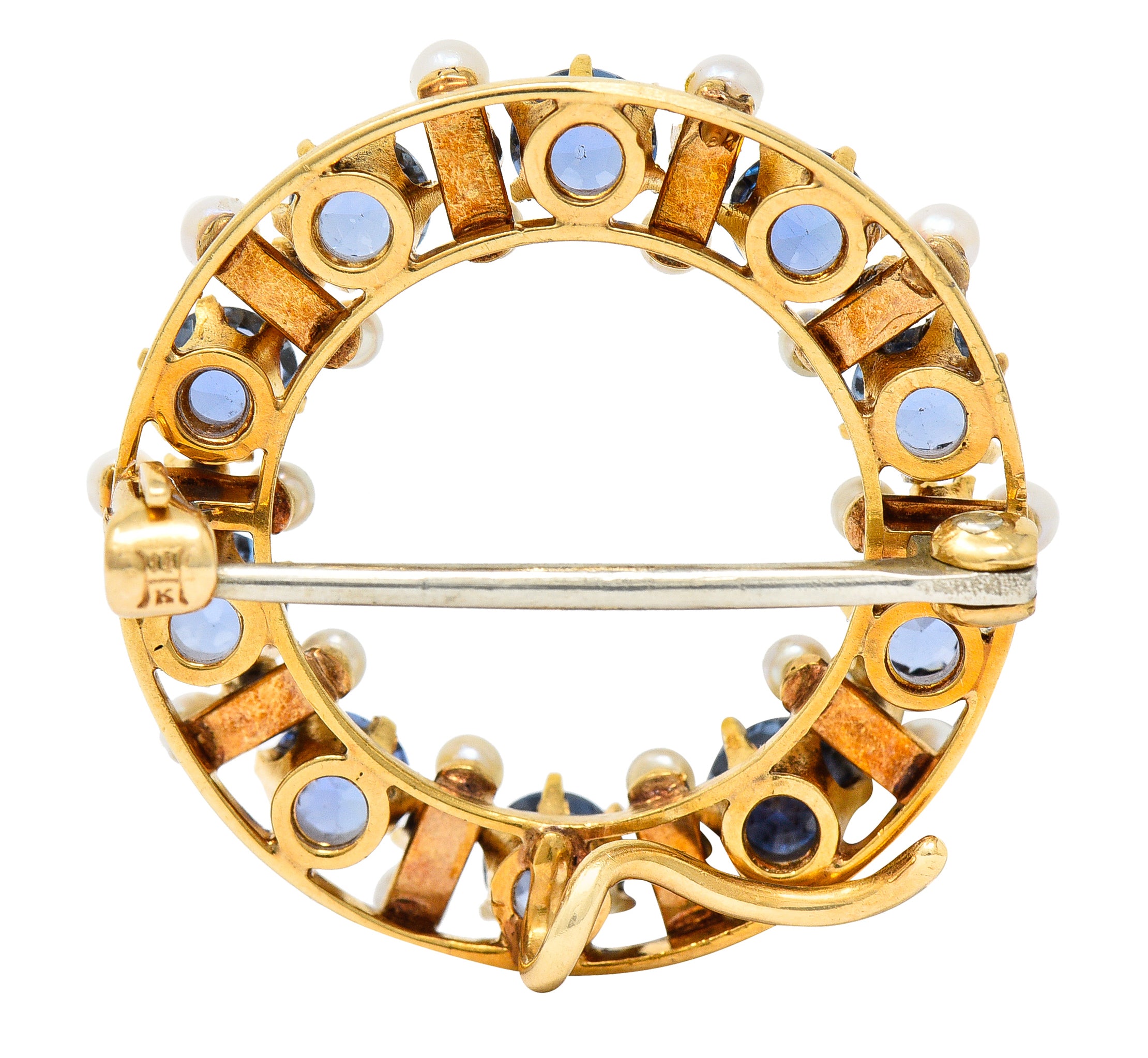 Antique A.J. Hedges 2.48 CTW Sapphire Diamond Pearl 14 Karat Yellow Gold Circle Brooch Wilson's Estate Jewelry