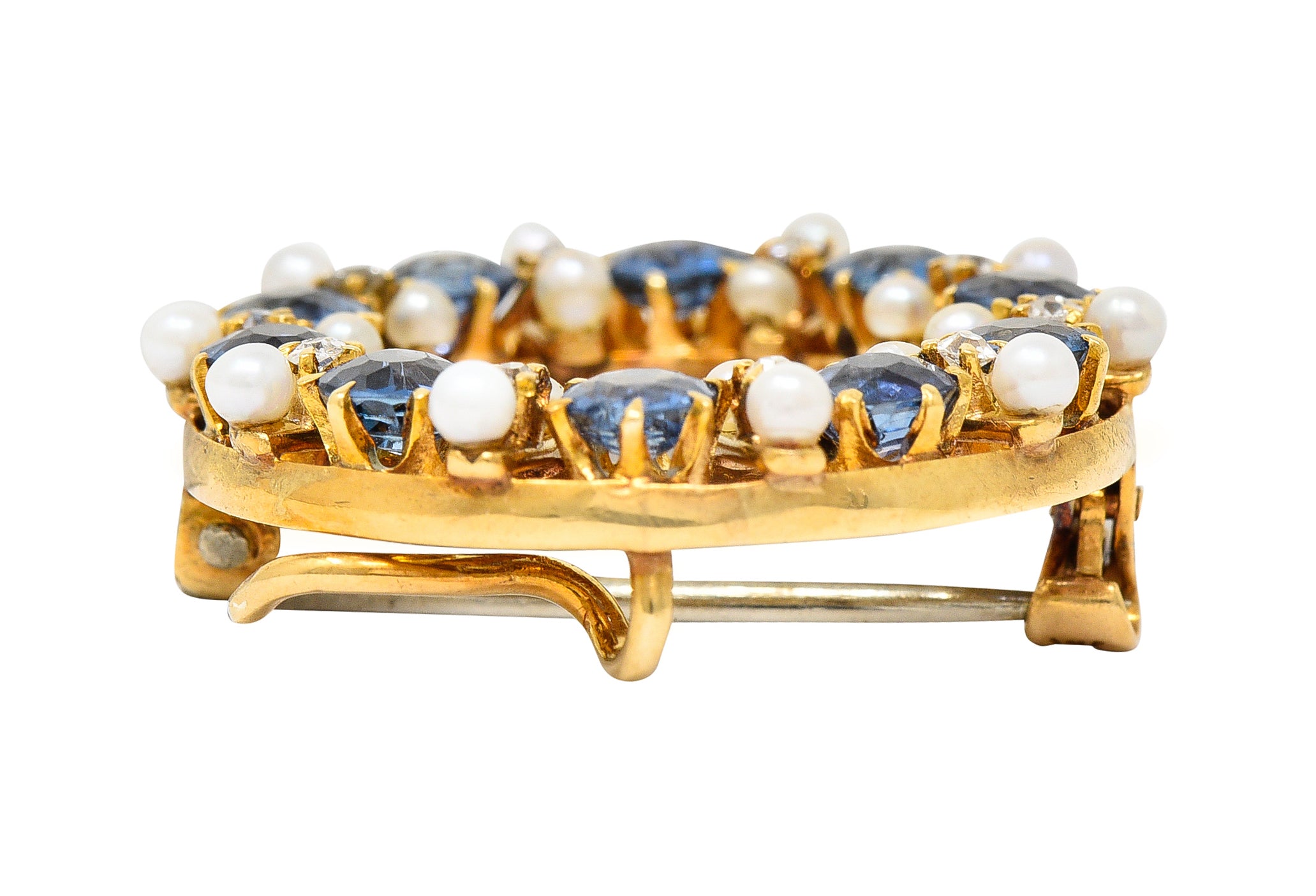 Antique A.J. Hedges 2.48 CTW Sapphire Diamond Pearl 14 Karat Yellow Gold Circle Brooch Wilson's Estate Jewelry