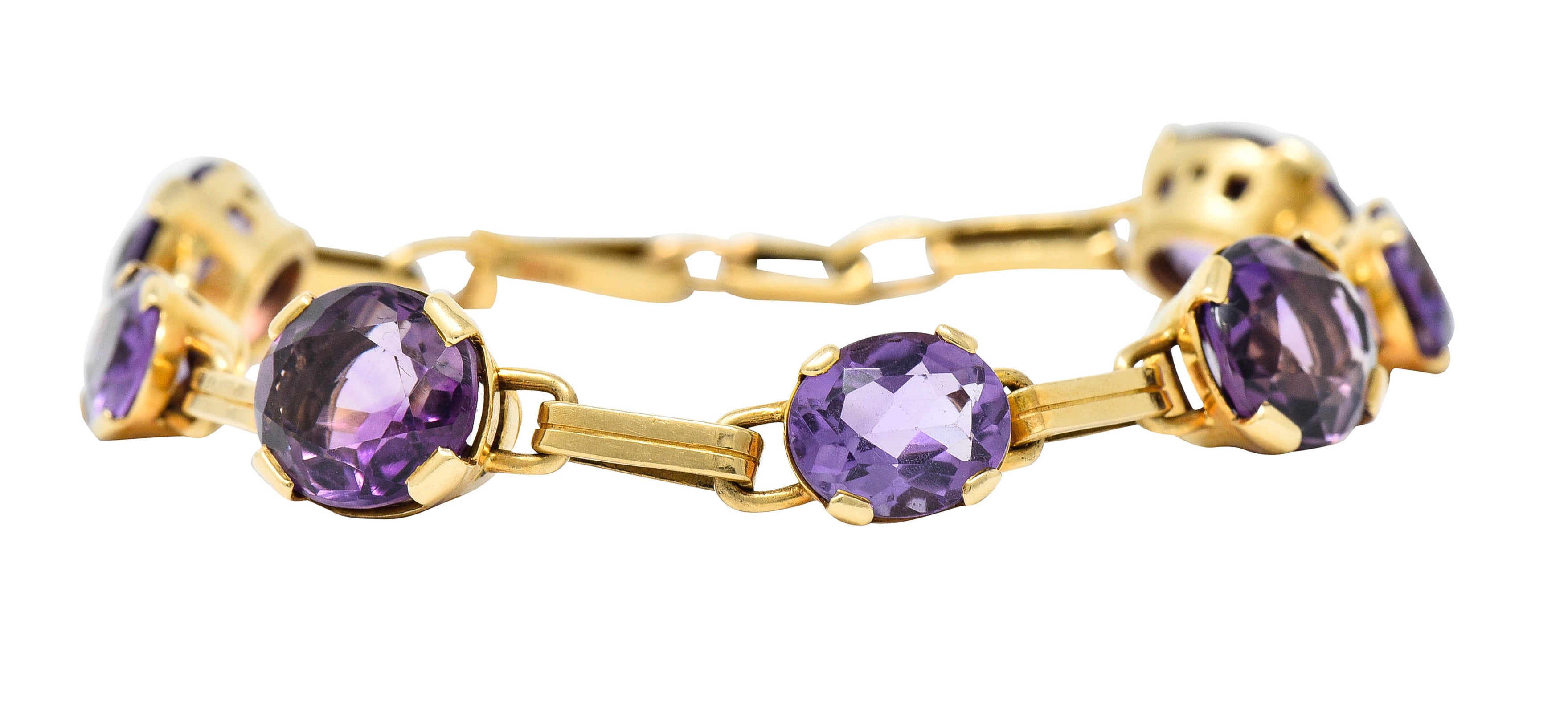 1940's Retro Amethyst 14 Karat Gold Station Link Braceletbracelet - Wilson's Estate Jewelry