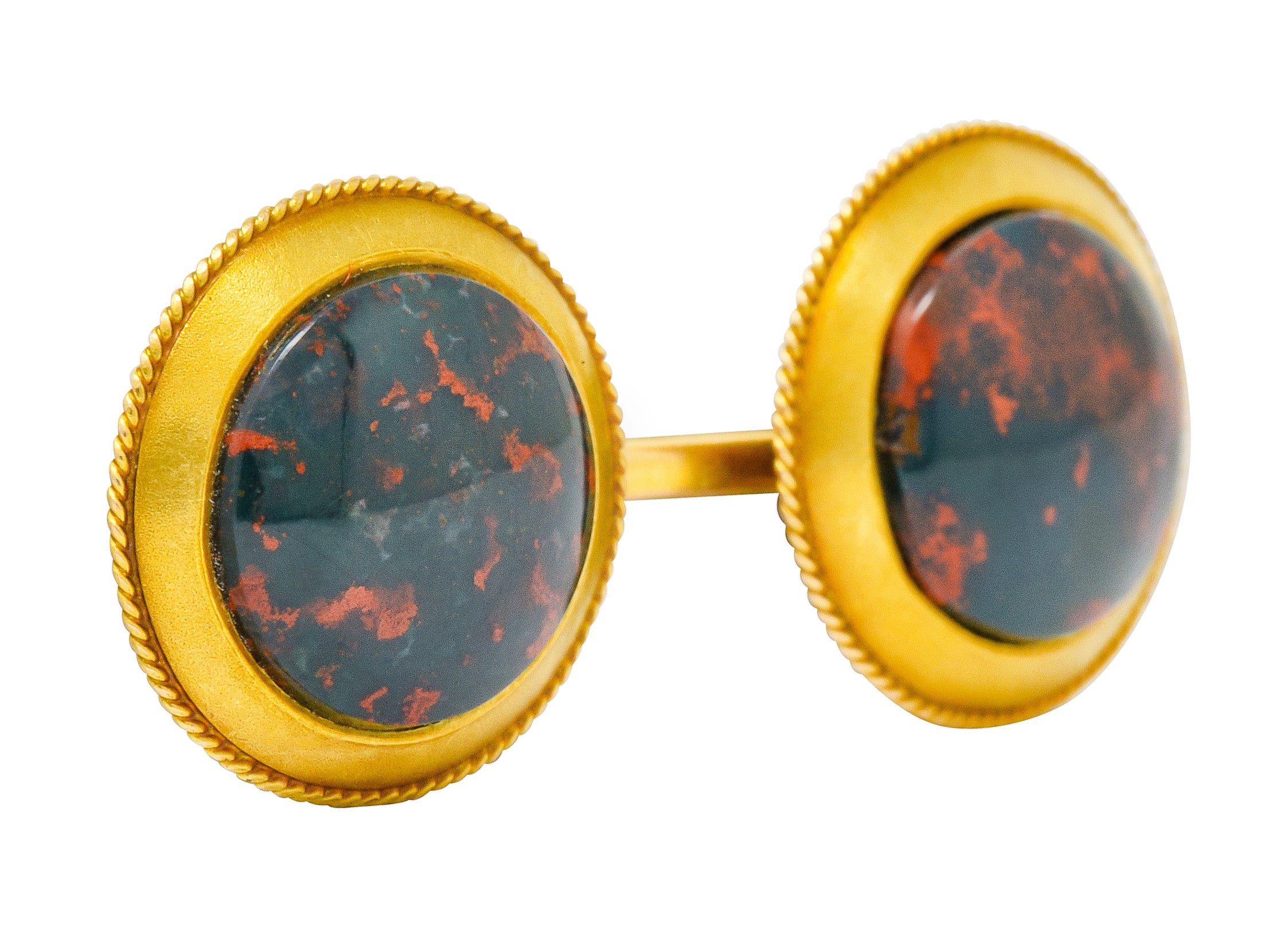 Art Nouveau Bloodstone Cabochon 14 Karat Gold Circular Men's Cufflinks - Wilson's Estate Jewelry