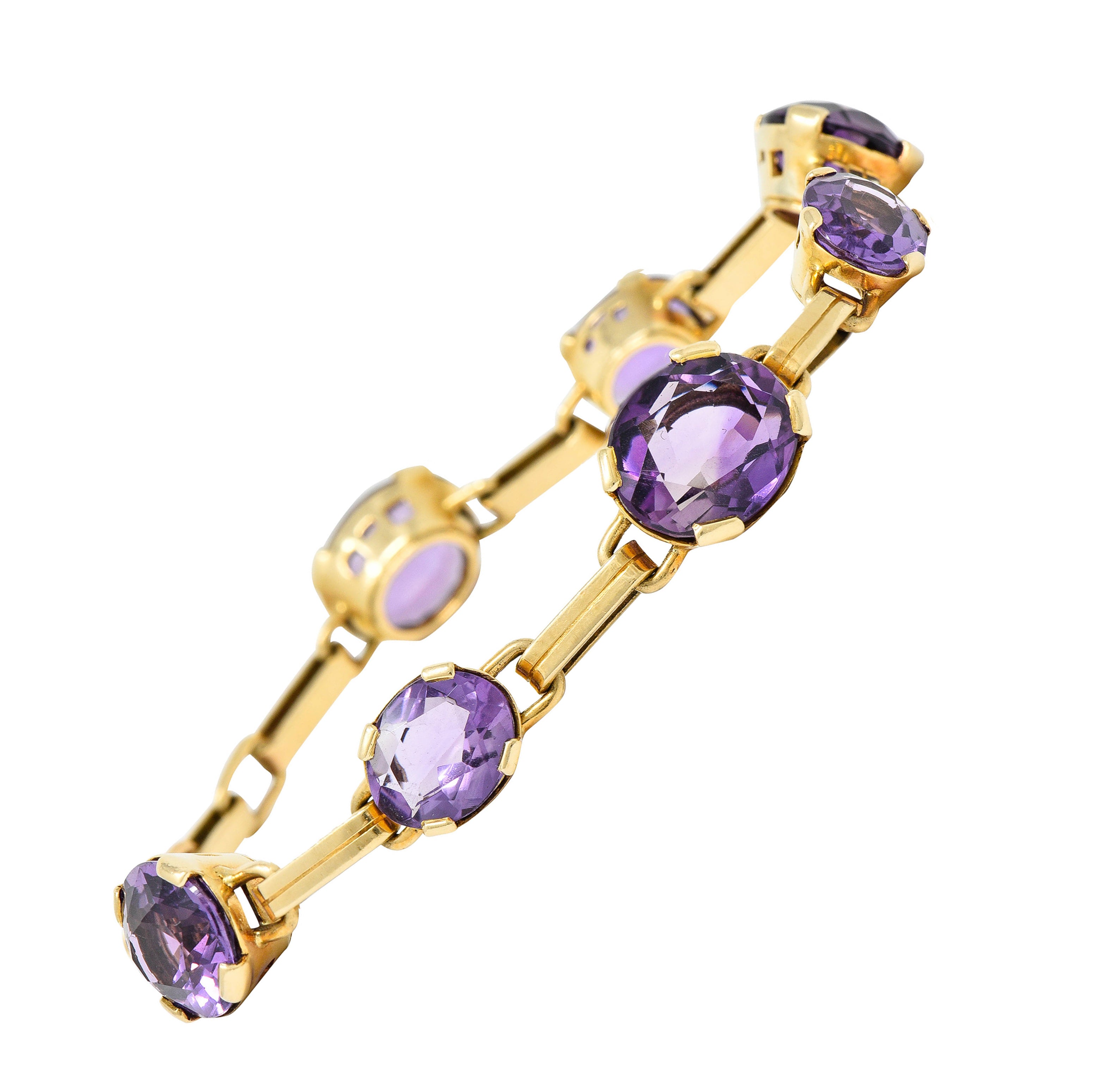 1940's Retro Amethyst 14 Karat Gold Station Link Braceletbracelet - Wilson's Estate Jewelry