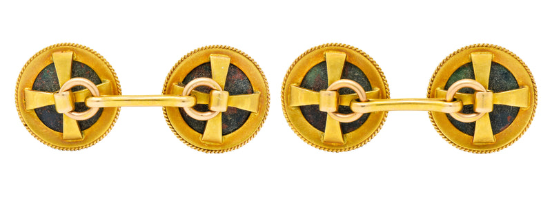 Art Nouveau Bloodstone Cabochon 14 Karat Gold Circular Men's Cufflinks - Wilson's Estate Jewelry