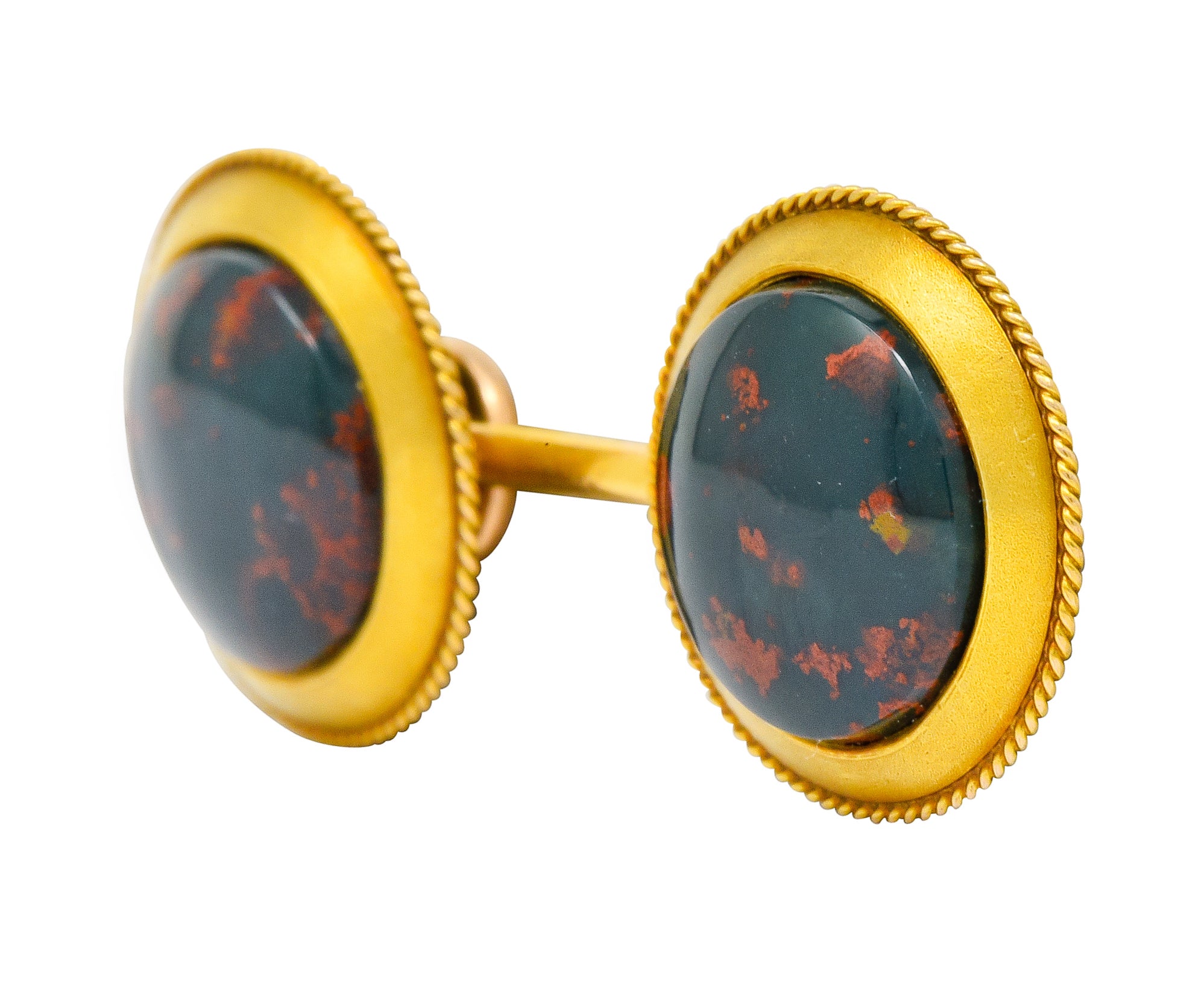 Art Nouveau Bloodstone Cabochon 14 Karat Gold Circular Men's Cufflinks - Wilson's Estate Jewelry