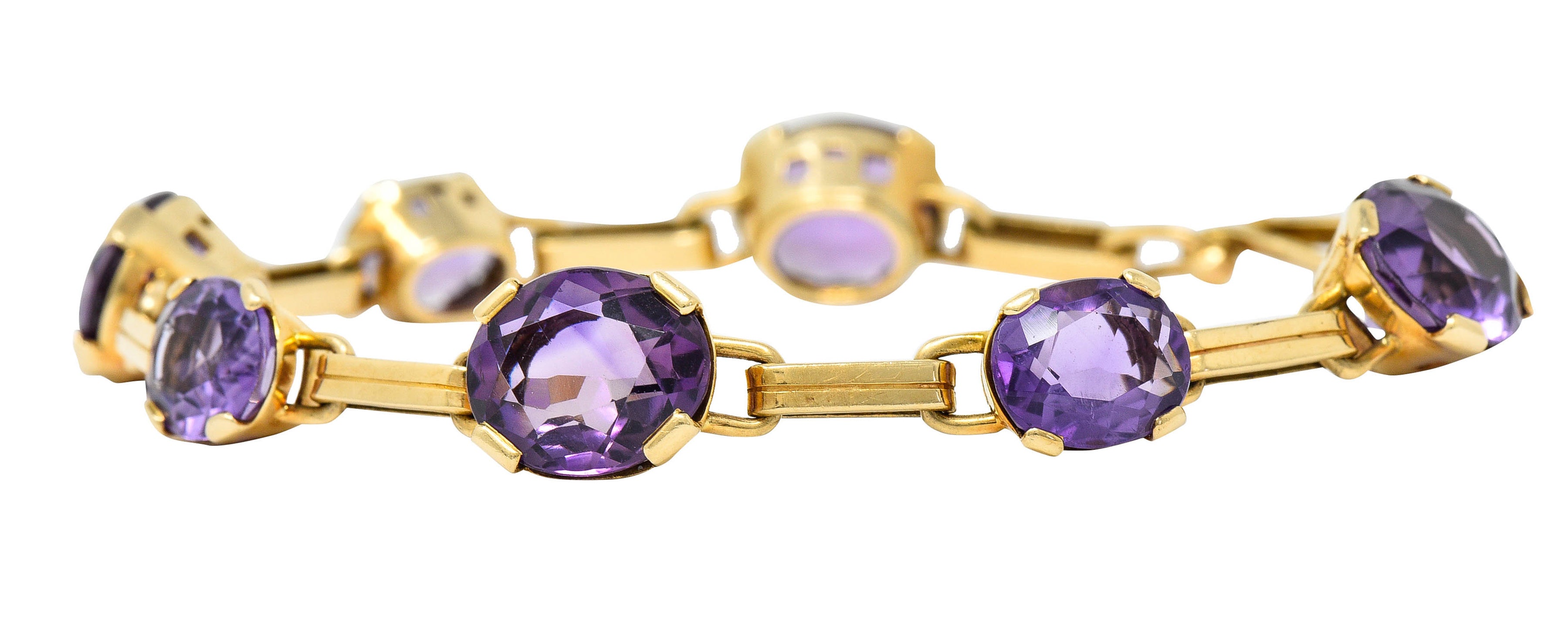 1940's Retro Amethyst 14 Karat Gold Station Link Braceletbracelet - Wilson's Estate Jewelry