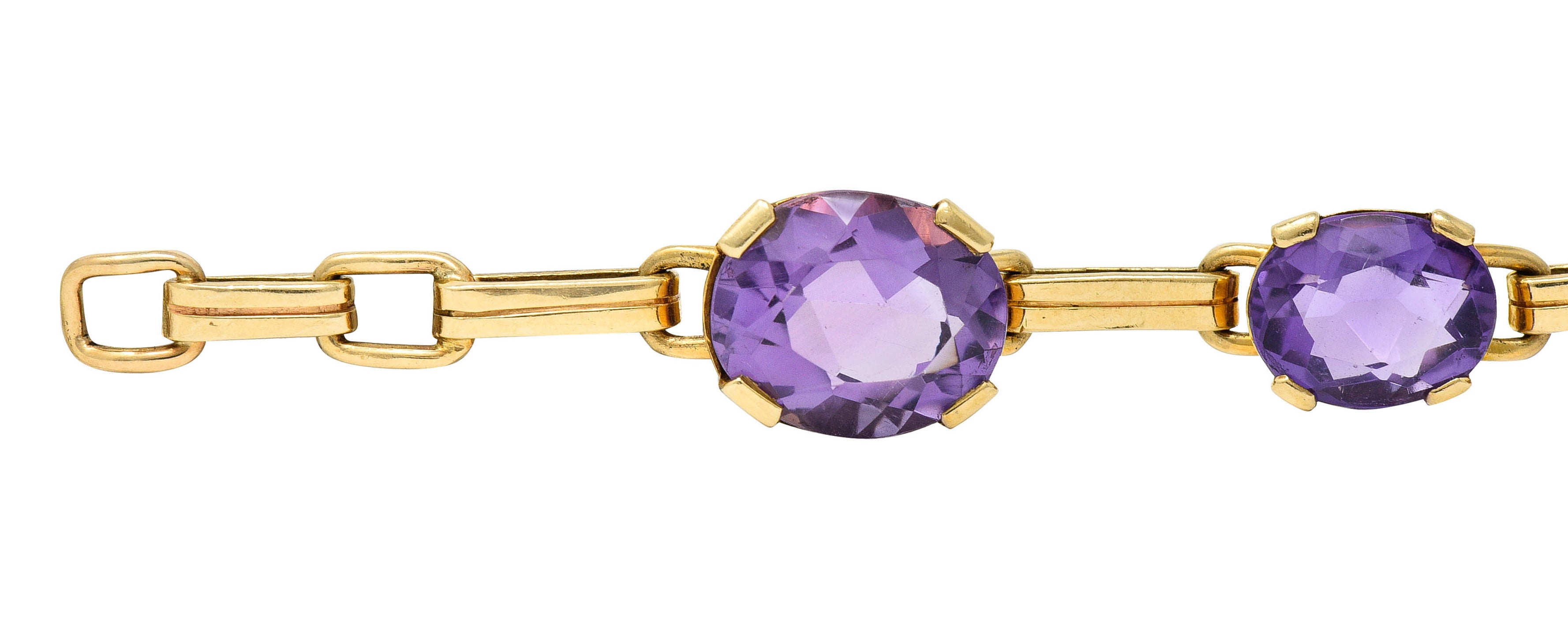 1940's Retro Amethyst 14 Karat Gold Station Link Braceletbracelet - Wilson's Estate Jewelry