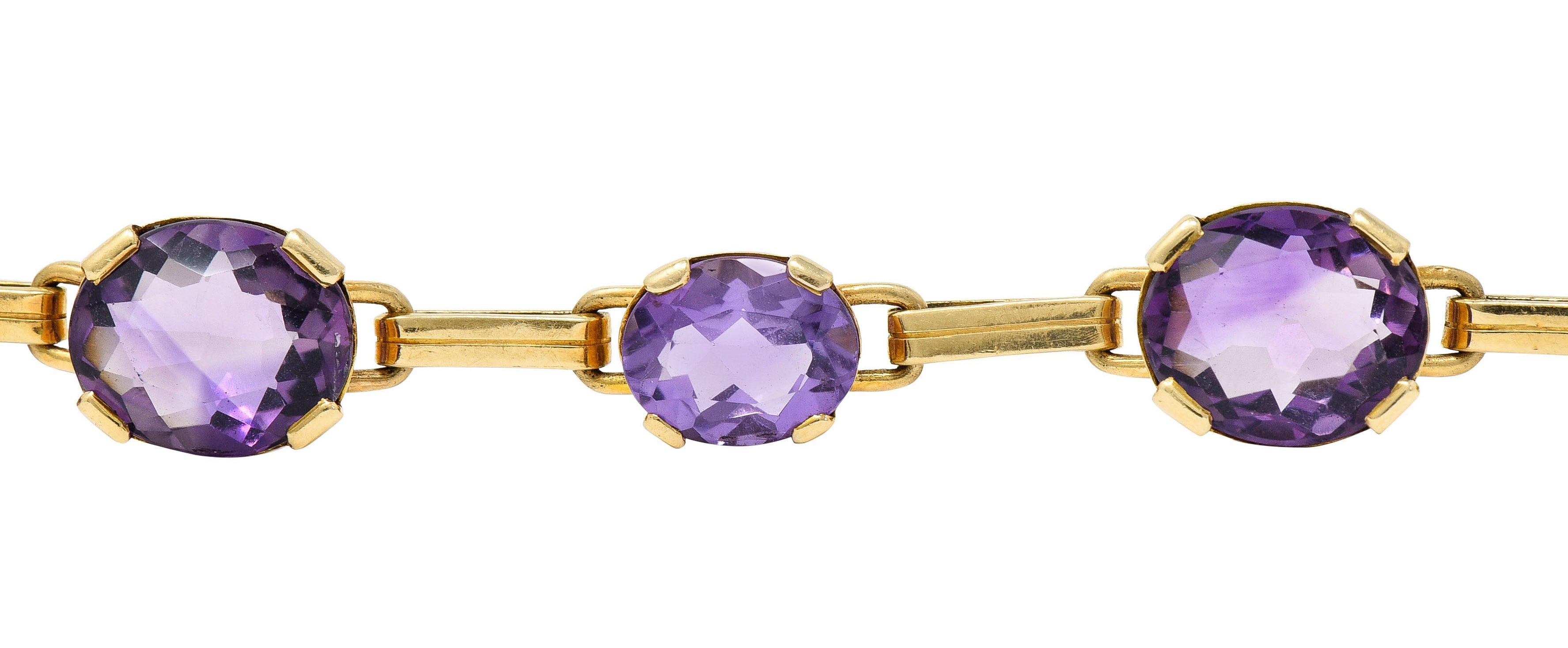 1940's Retro Amethyst 14 Karat Gold Station Link Braceletbracelet - Wilson's Estate Jewelry