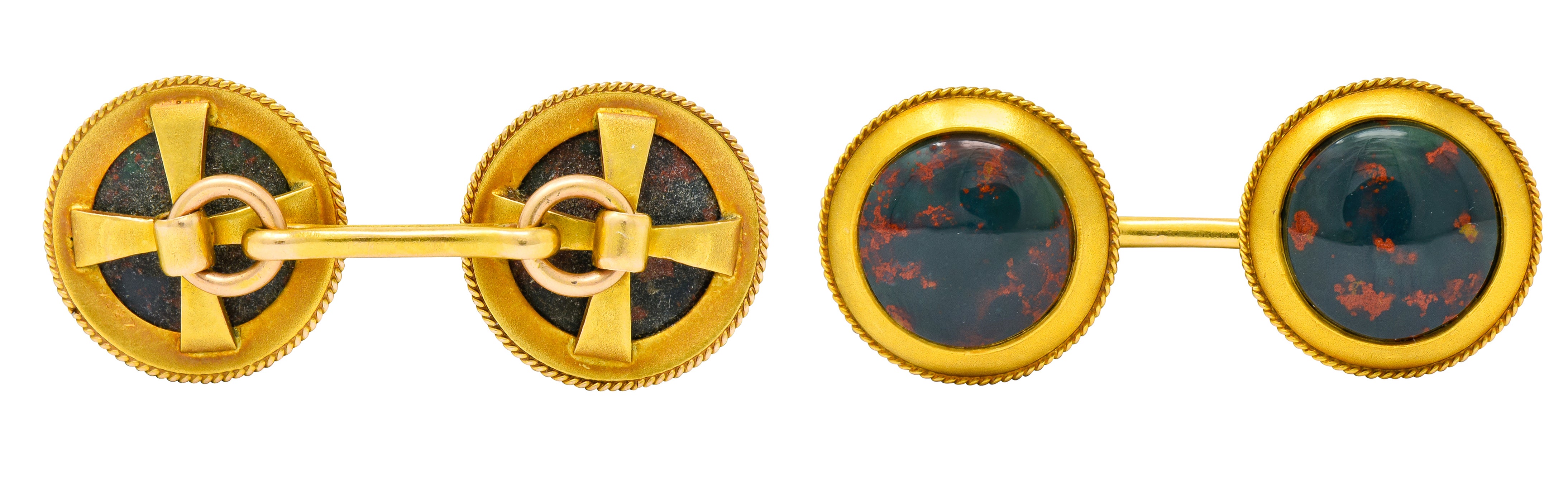 Art Nouveau Bloodstone Cabochon 14 Karat Gold Circular Men's Cufflinks - Wilson's Estate Jewelry