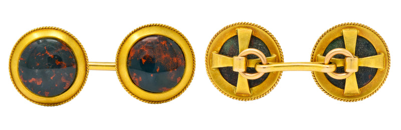 Art Nouveau Bloodstone Cabochon 14 Karat Gold Circular Men's Cufflinks - Wilson's Estate Jewelry