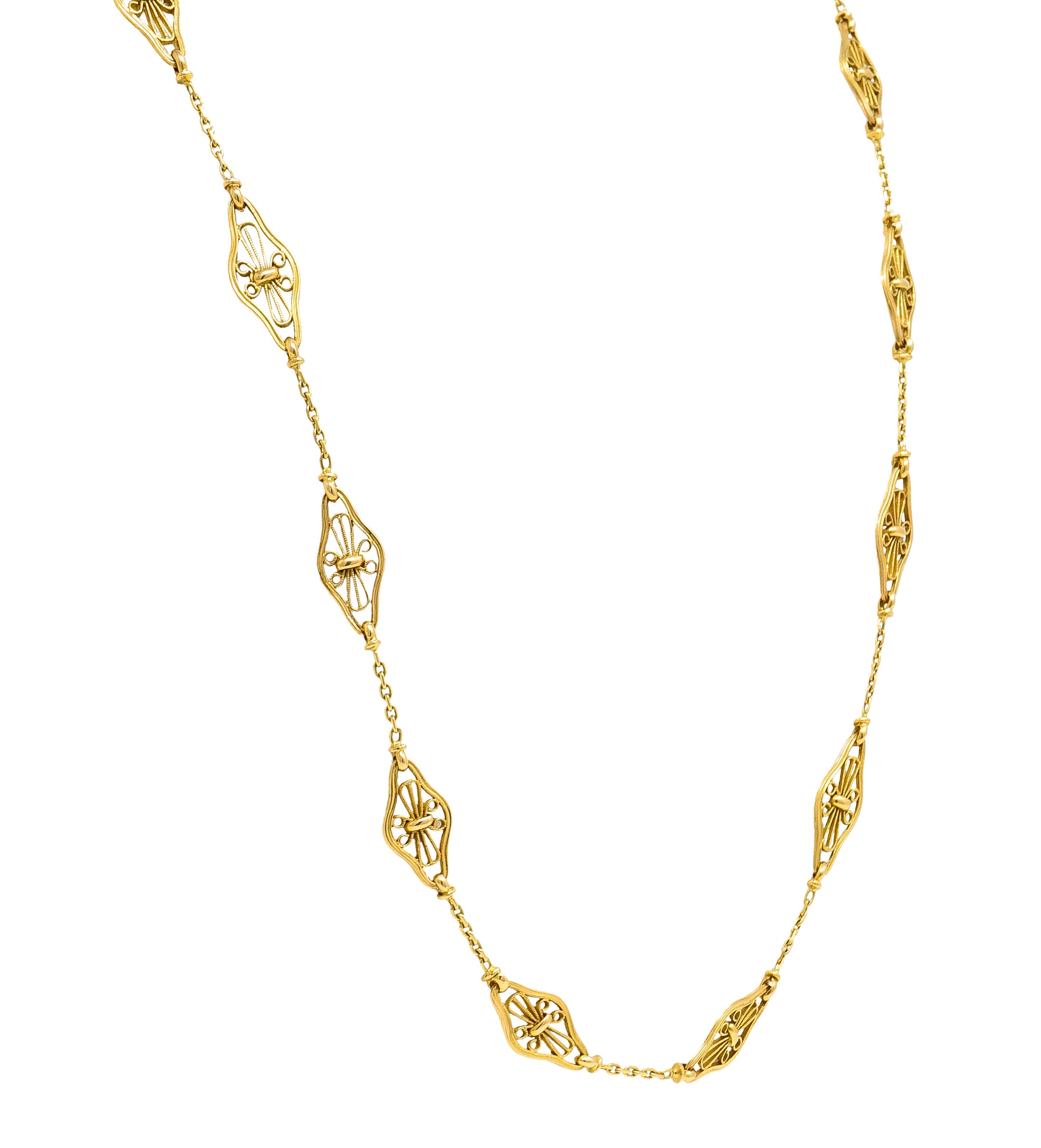 French Victorian 18 Karat Yellow Gold Filigree Navette 30 1/2 Inch Long Antique Chain Necklace Wilson's Estate Jewelry