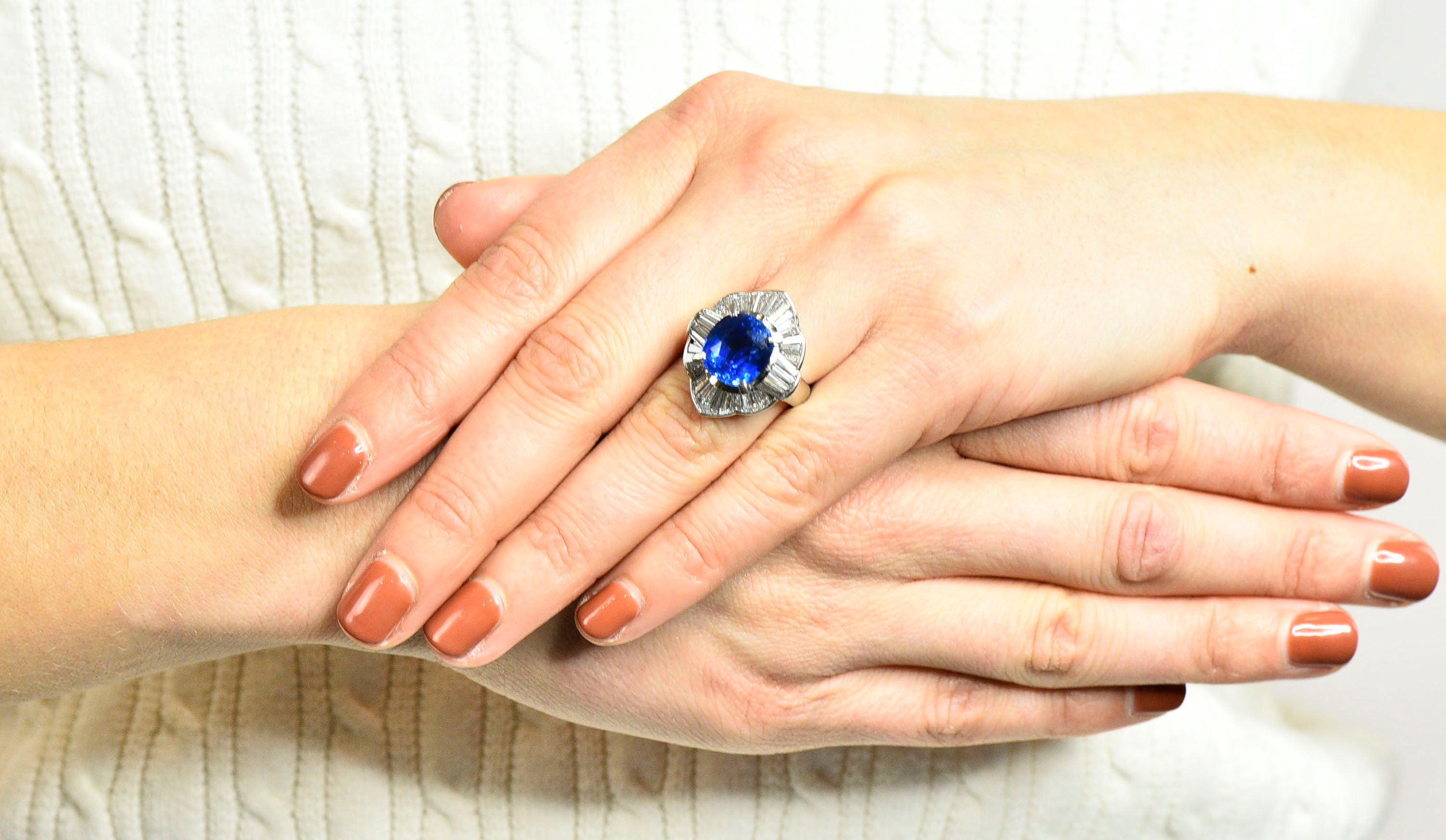 Contemporary 9.73 CTW Ceylon Sapphire Diamond Platinum Ballerina Halo Ring AGLRing - Wilson's Estate Jewelry