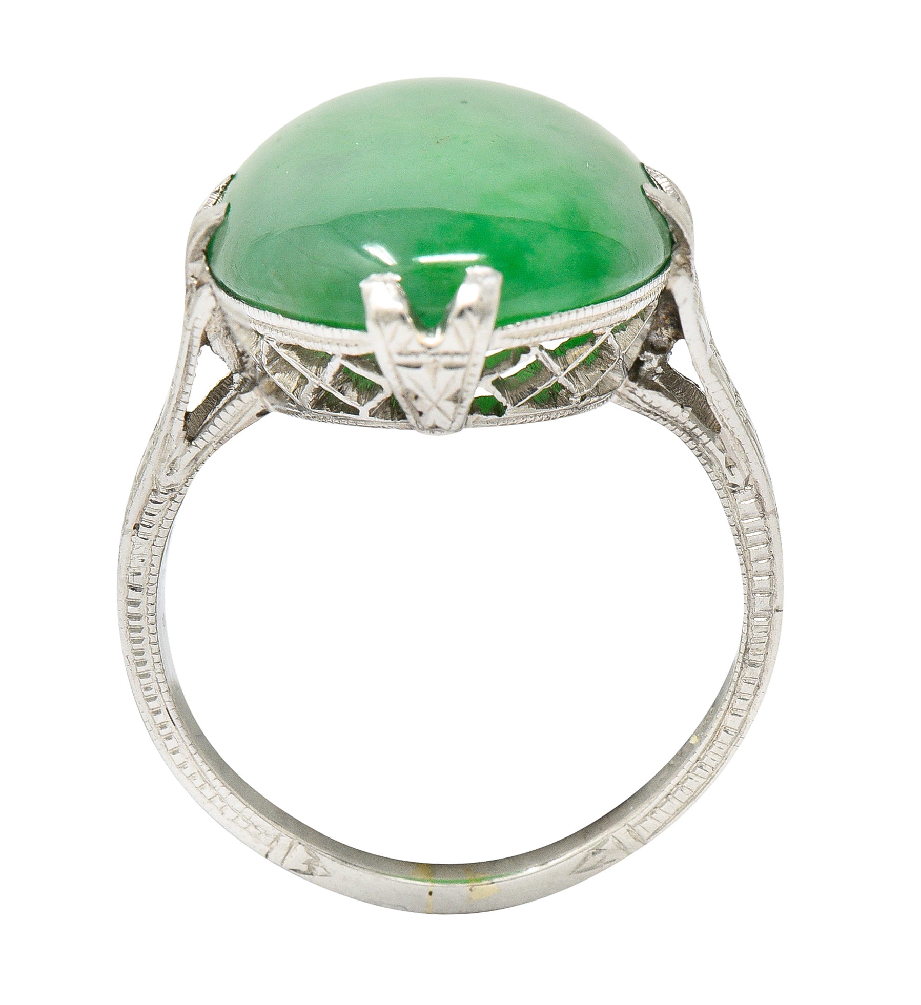 Art Deco Jade Cabochon Platinum Orange Blossom Gemstone Ring Wilson's Estate Jewelry