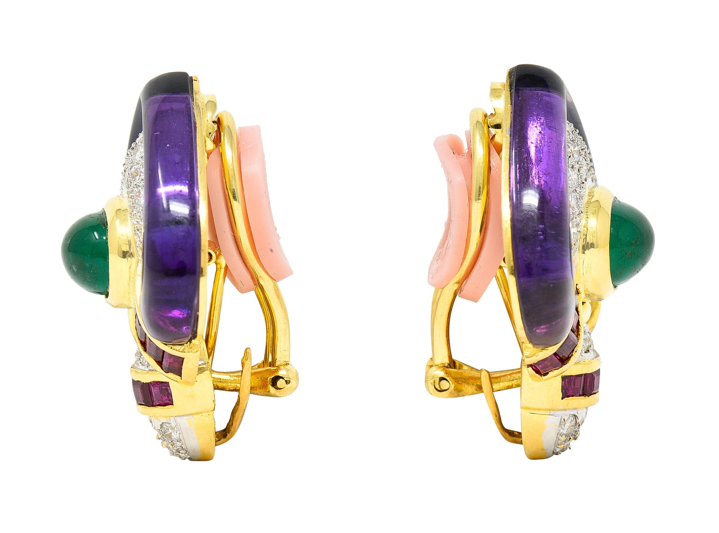 1990's Vintage Emerald Diamond Ruby 18 Karat Two-Tone Gold Chestnut EarringsEarrings - Wilson's Estate Jewelry