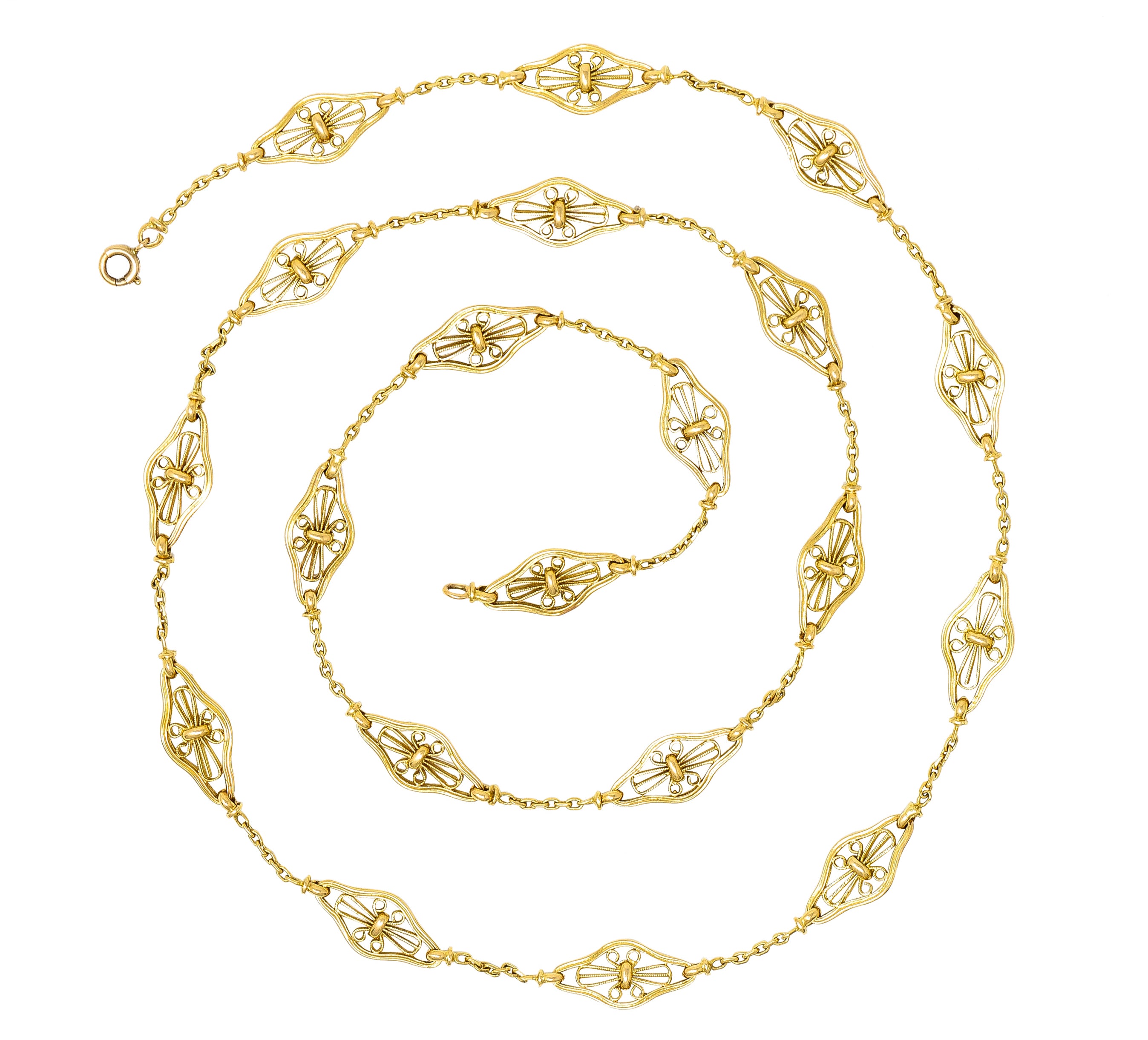 French Victorian 18 Karat Yellow Gold Filigree Navette 30 1/2 Inch Long Antique Chain Necklace Wilson's Estate Jewelry