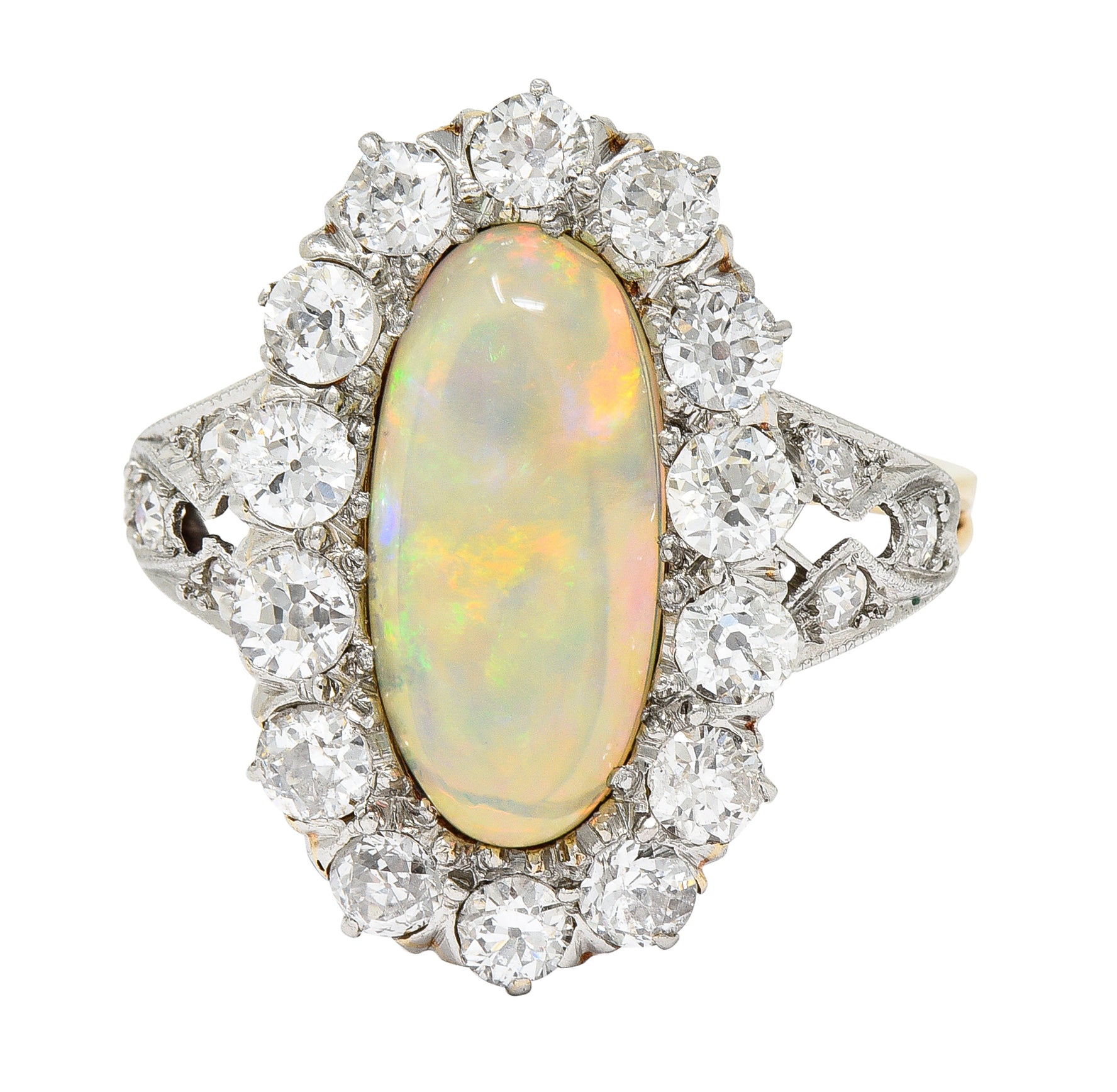 Edwardian Jelly Opal Diamond Platinum-Topped 14 Karat Gold Cluster Ring Wilson's Estate Jewelry