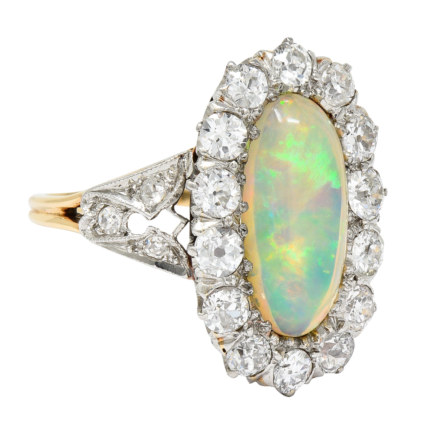 Edwardian Jelly Opal Diamond Platinum-Topped 14 Karat Gold Cluster Ring Wilson's Estate Jewelry