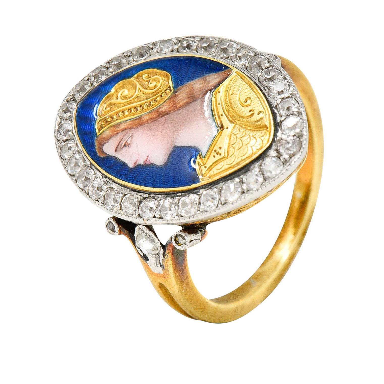 1890's Victorian Guilloche Enamel Diamond Platinum-Topped 18 Karat Gold Portrait RingRing - Wilson's Estate Jewelry