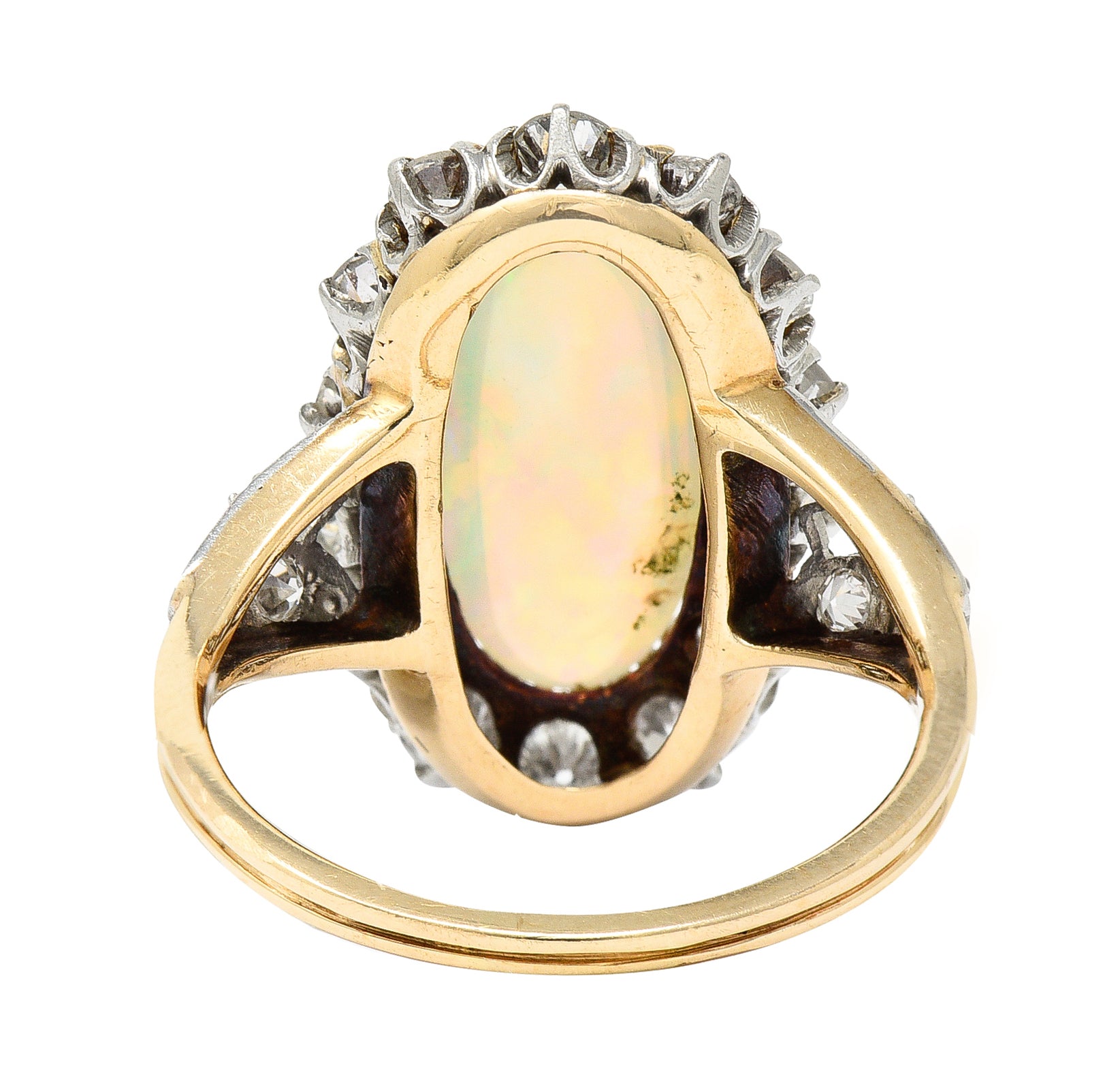 Edwardian Jelly Opal Diamond Platinum-Topped 14 Karat Gold Cluster Ring Wilson's Estate Jewelry