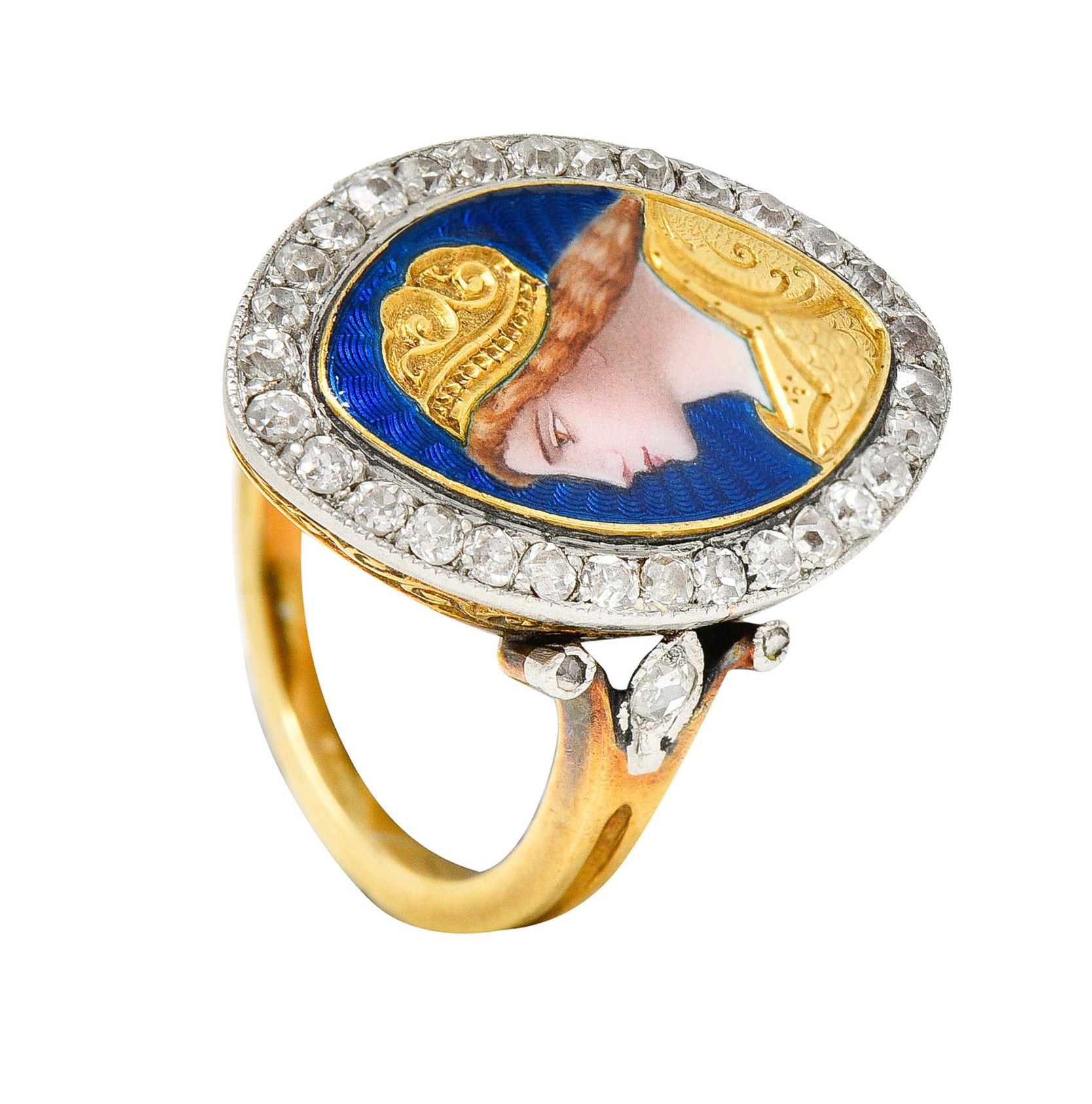 1890's Victorian Guilloche Enamel Diamond Platinum-Topped 18 Karat Gold Portrait RingRing - Wilson's Estate Jewelry